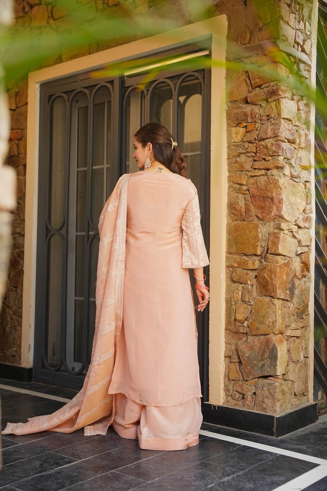 Pehrin Peach Heavy Embroidered Kurta Set