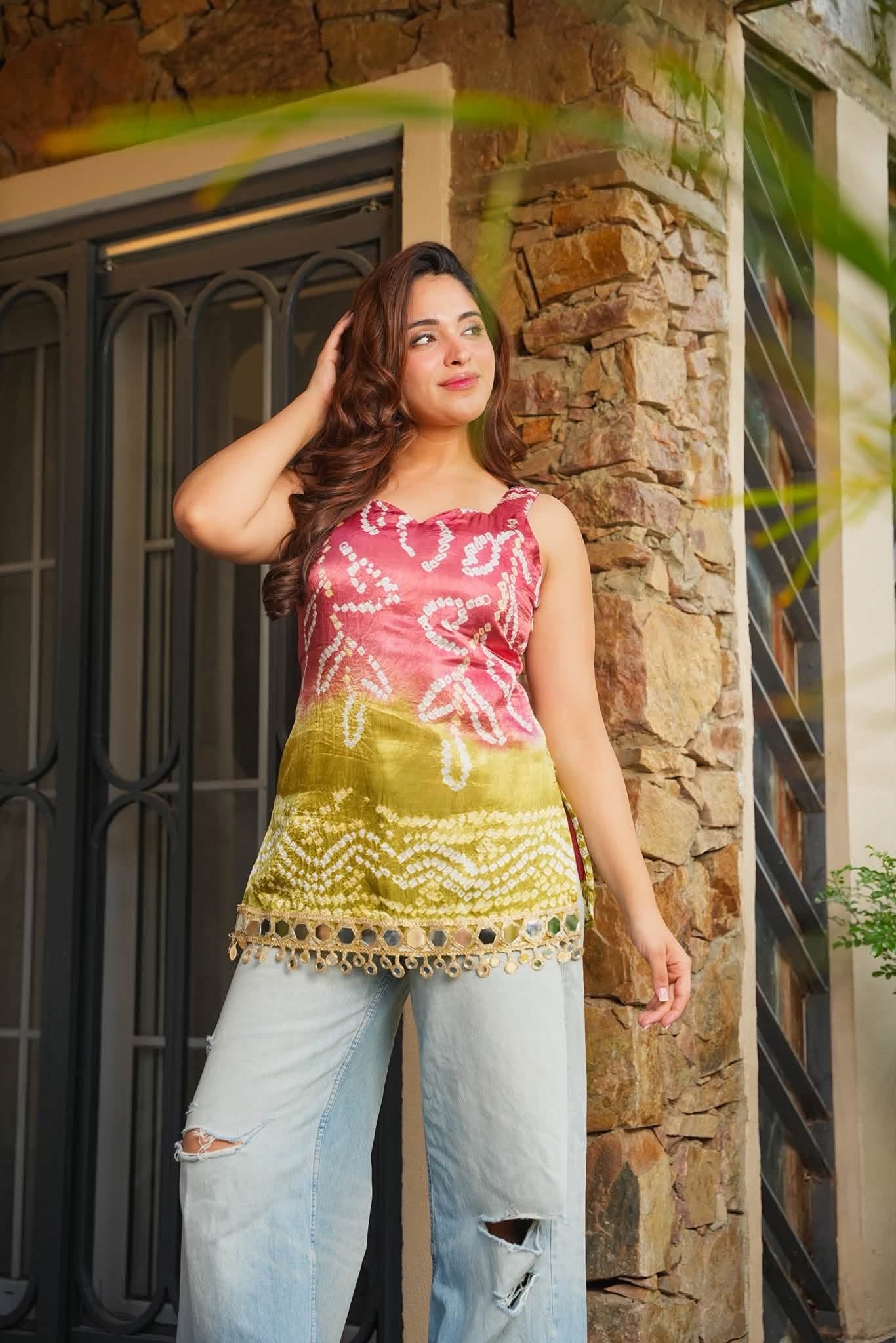 Baani Bandhej Sleeveless Crepe Silk Top