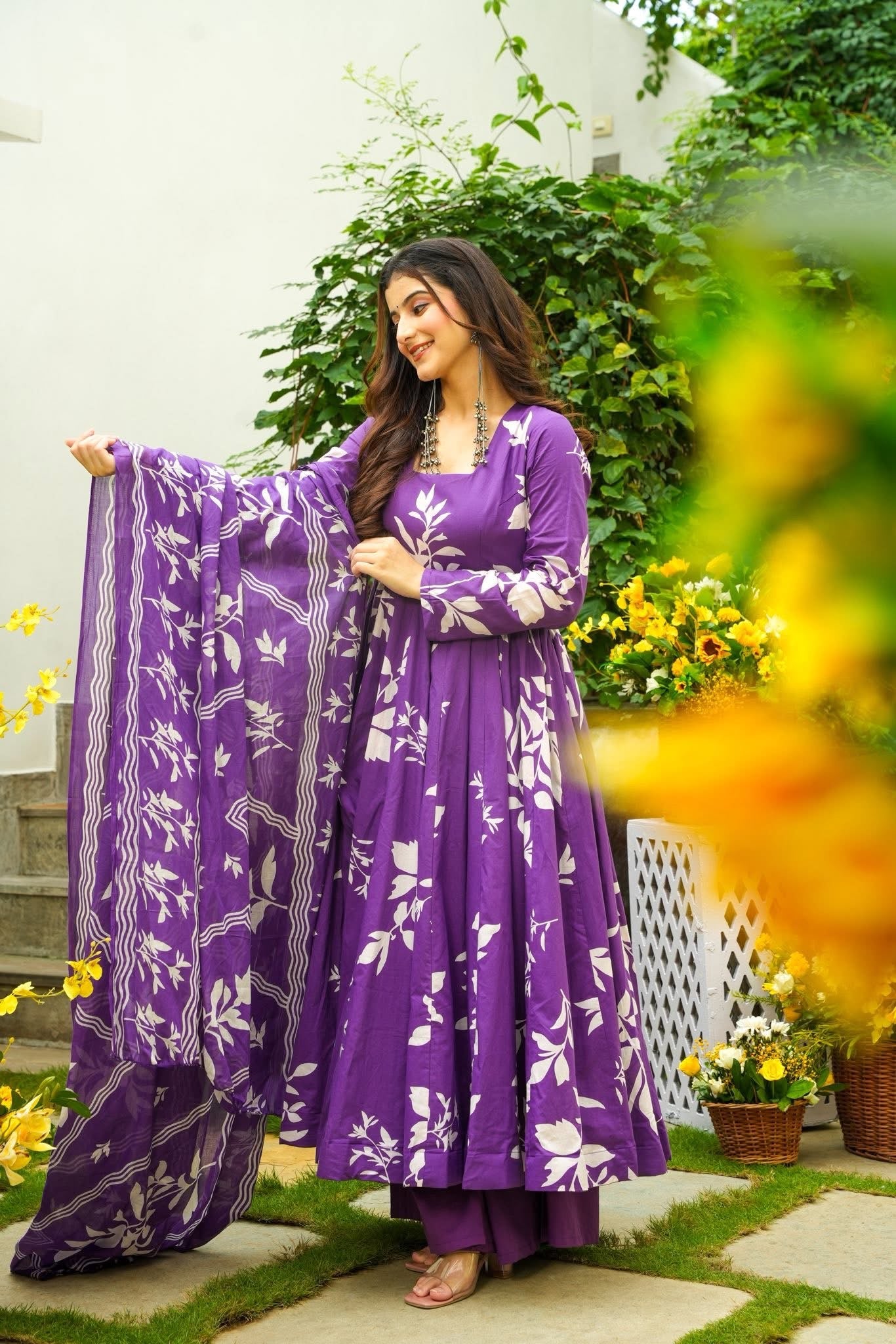 Budding Purple Cotton Anarkali Suit Set