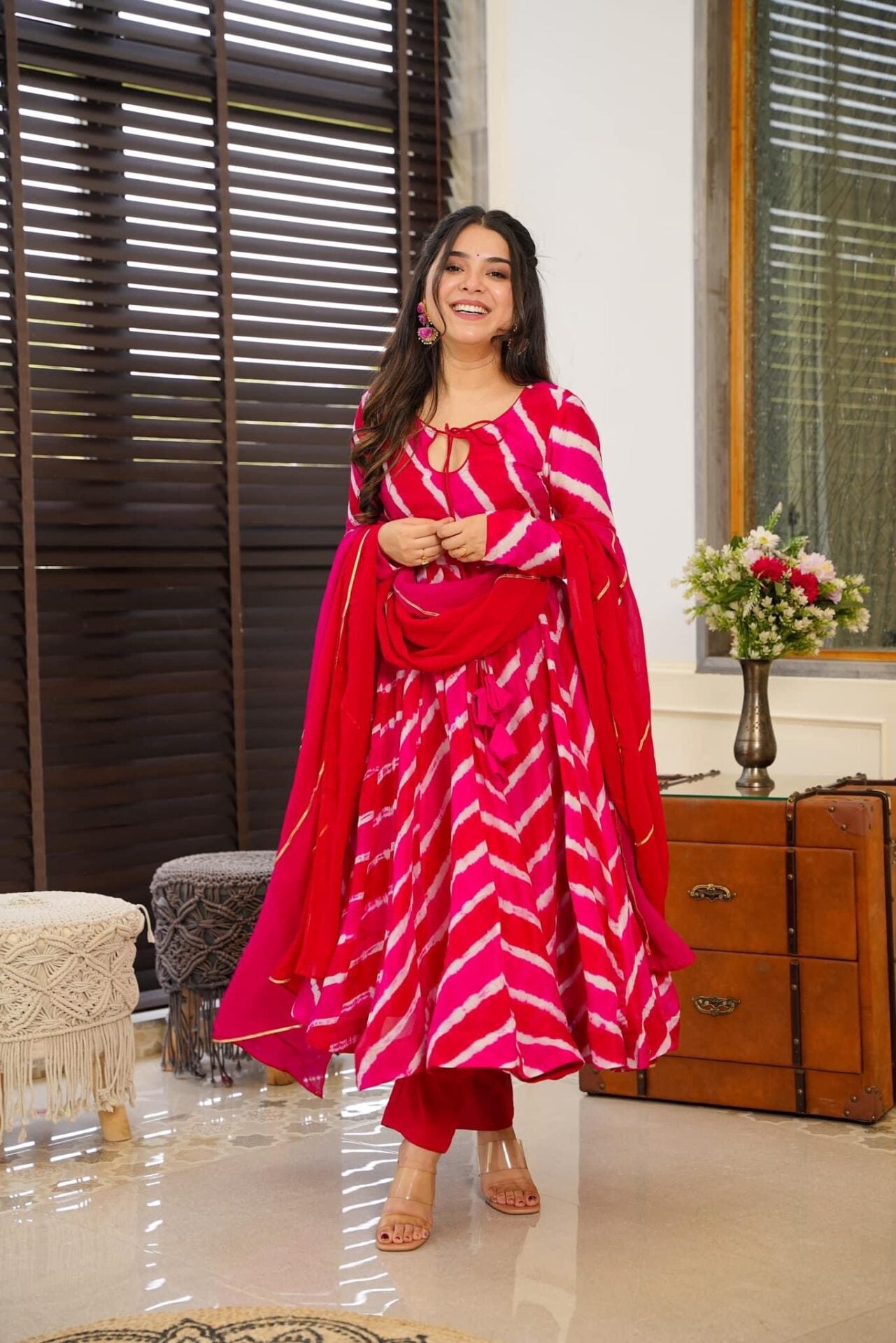 Buy Pink leheriya organza suit set Online in India Idaho Clothing