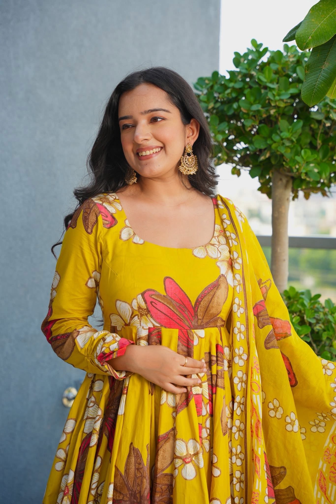 Pale Gold Cotton Anarkali Suit Set with Dupatta