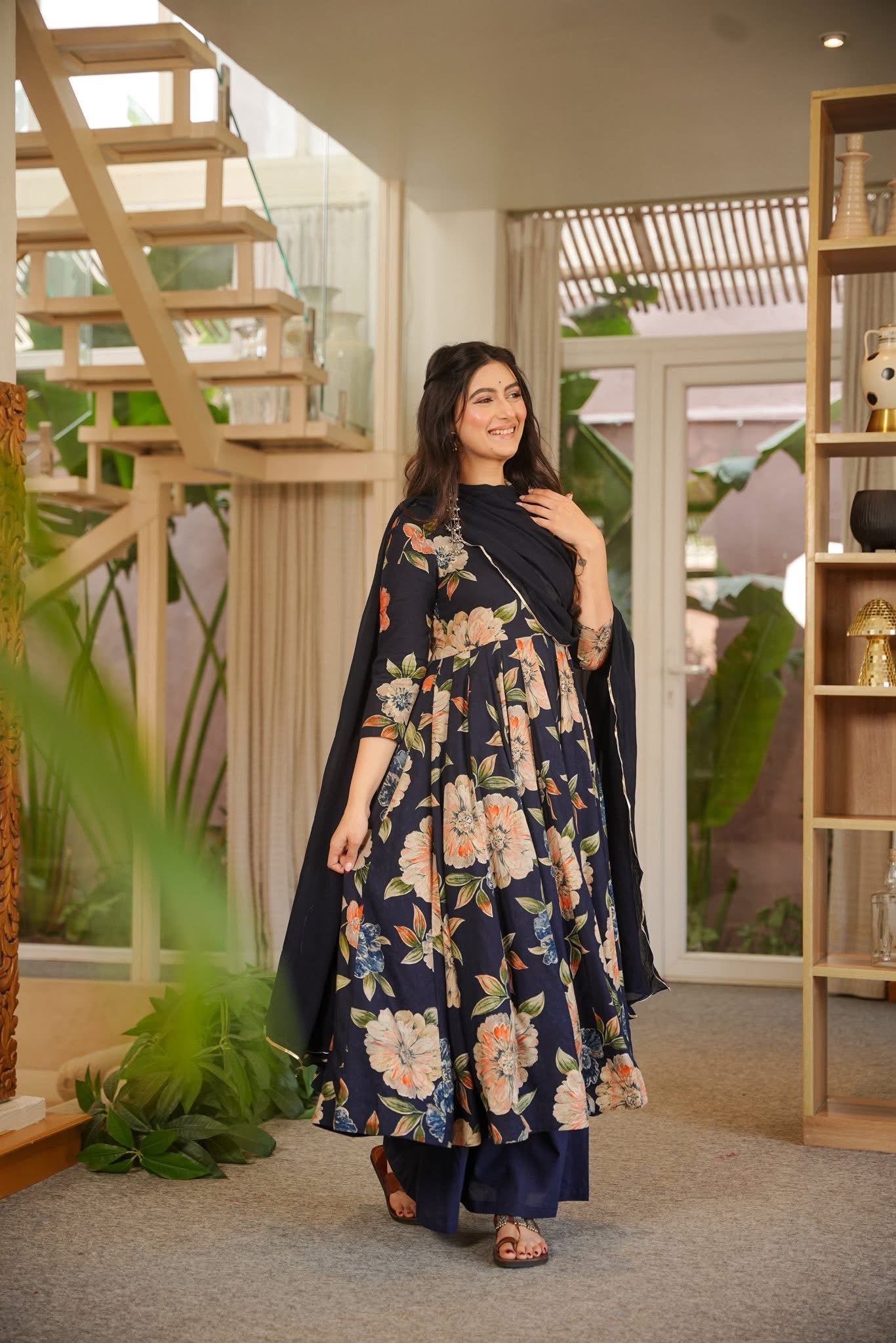 Bhuvi Blue Rayon Anarkali Suit Set