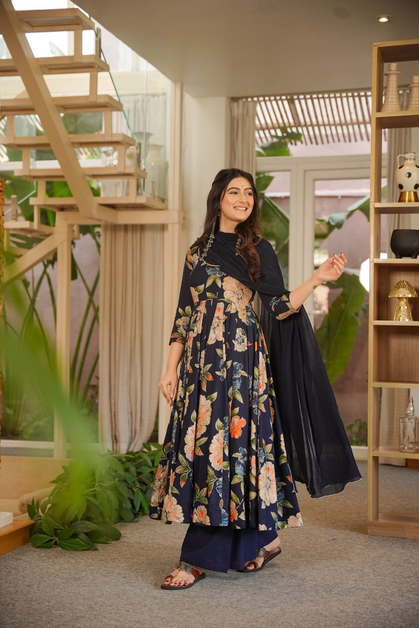 Bhuvi Blue Rayon Anarkali Suit Set