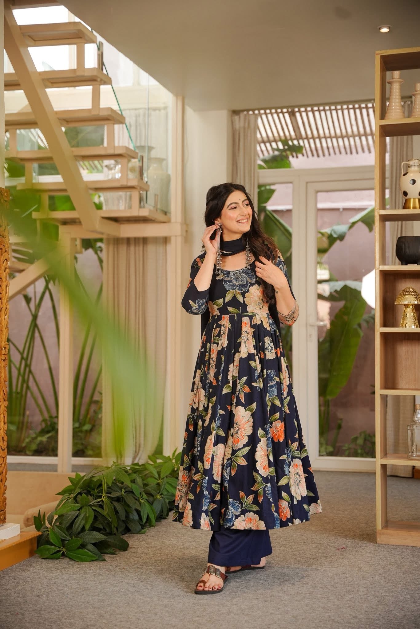 Bhuvi Blue Rayon Anarkali Suit Set