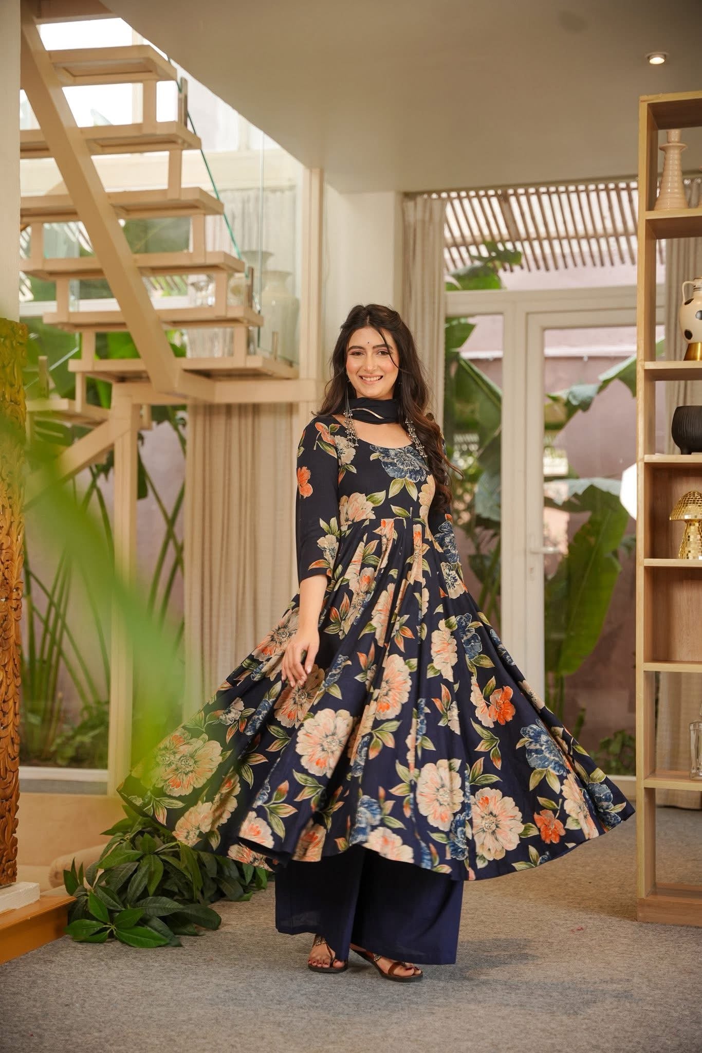 Bhuvi Blue Rayon Anarkali Suit Set