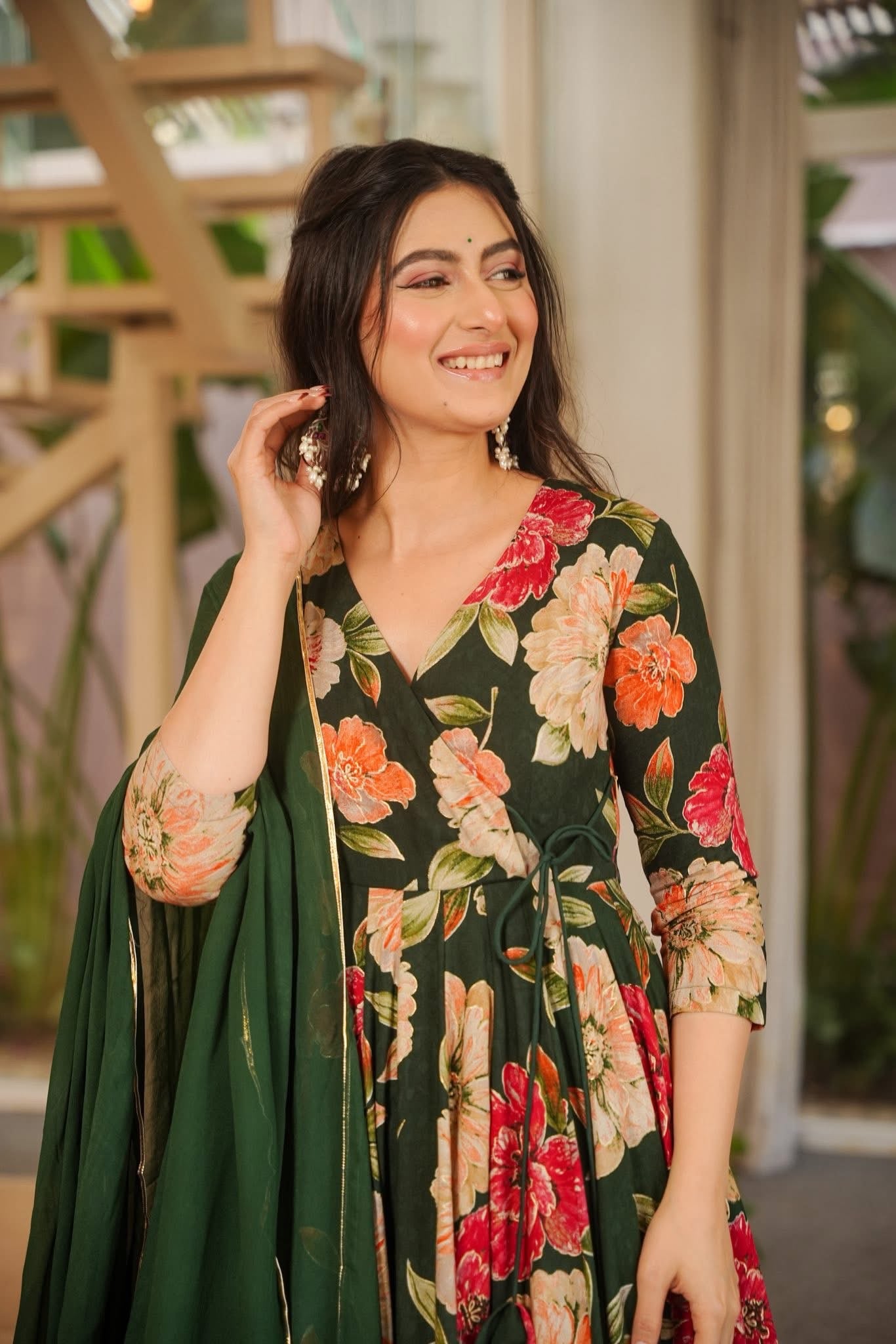 Aaryahi Green Rayon Anarkali Suit Set