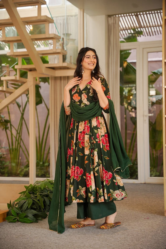 Aaryahi Green Rayon Anarkali Suit Set