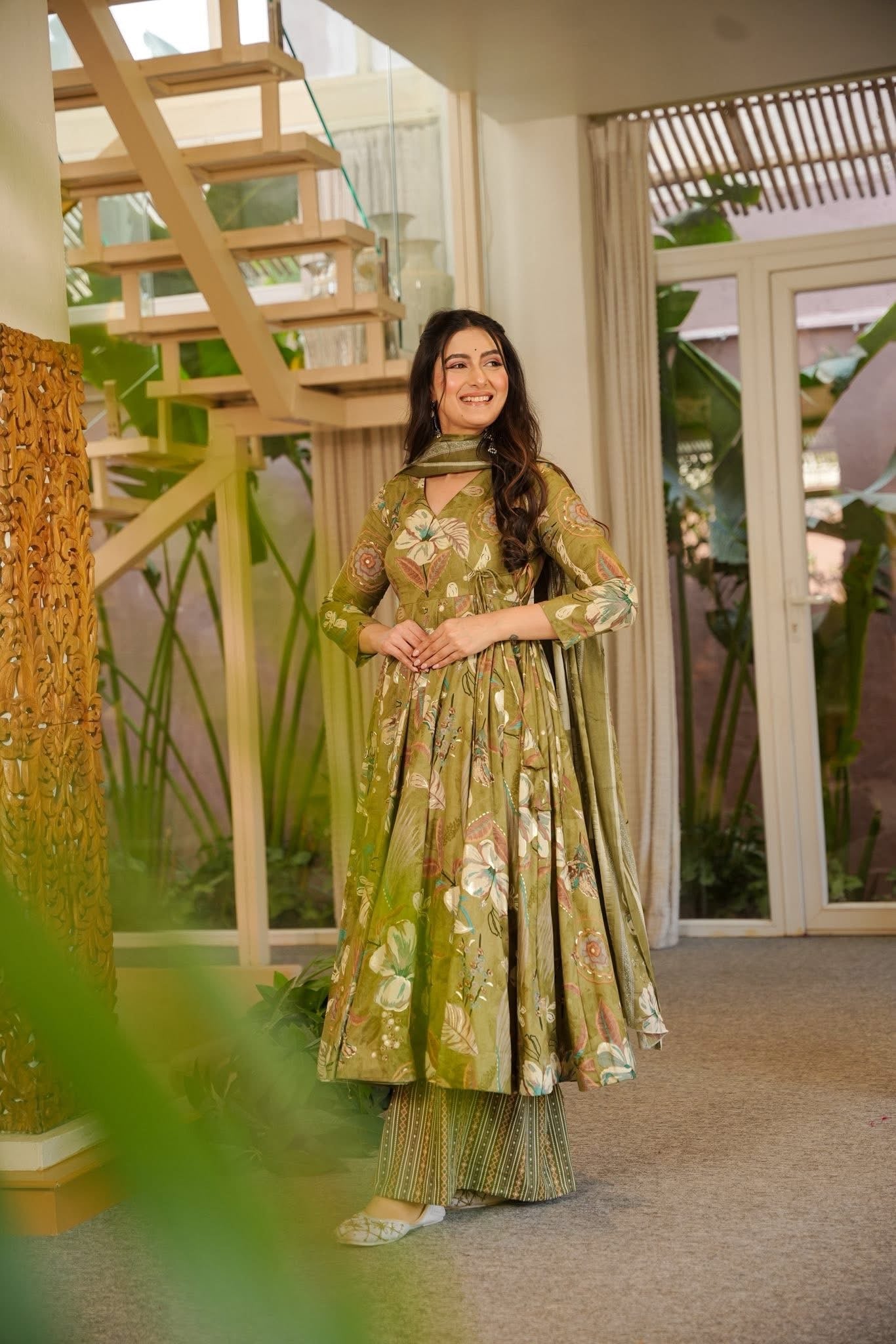 Prerna Green Cotton Anarkali Suit Set