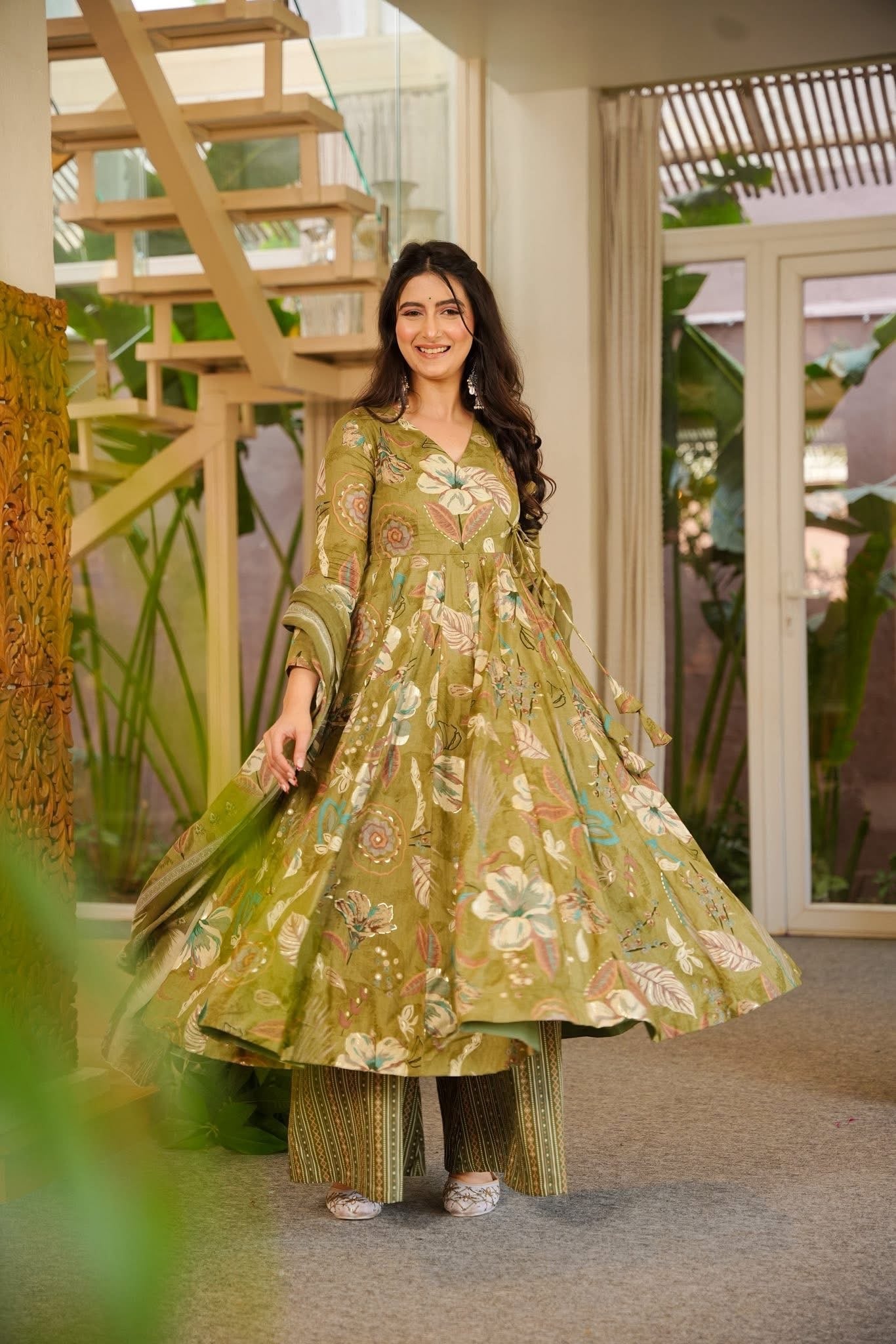 Prerna Green Cotton Anarkali Suit Set