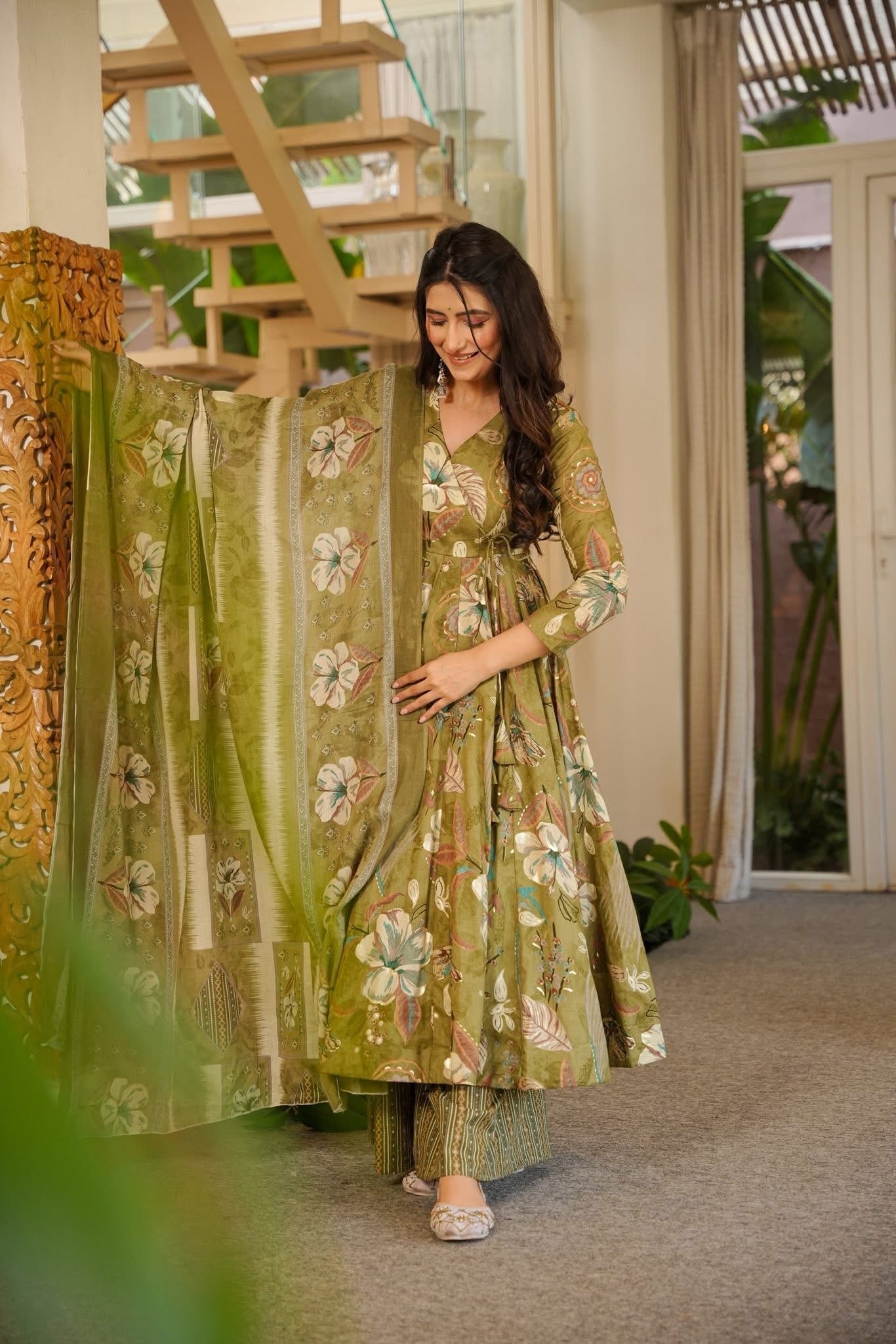 Prerna Green Cotton Anarkali Suit Set