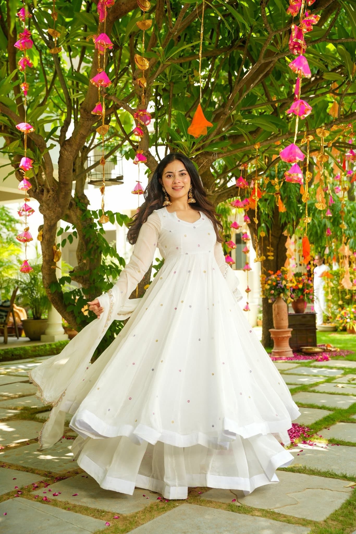 white anarkali dress buy ahmedabad Gota Work Suit Set | Hand Embroidered Georgette It features a classic round neck and threequarter sleeves White Georgette Embroidered Anarkali Dress