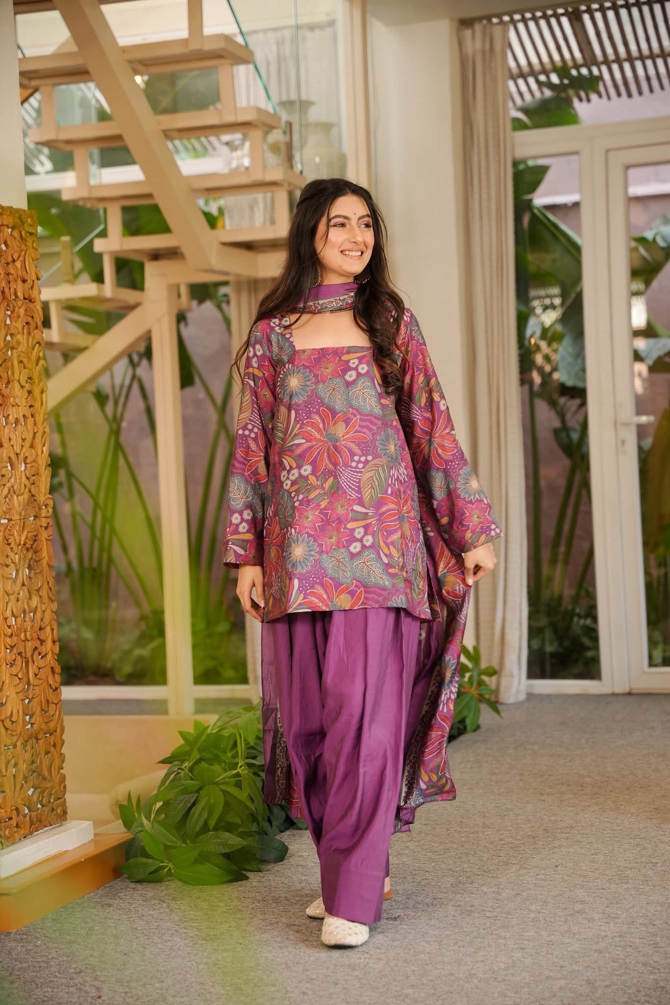 Rameen Purple Muslin Farshi Salwar Set