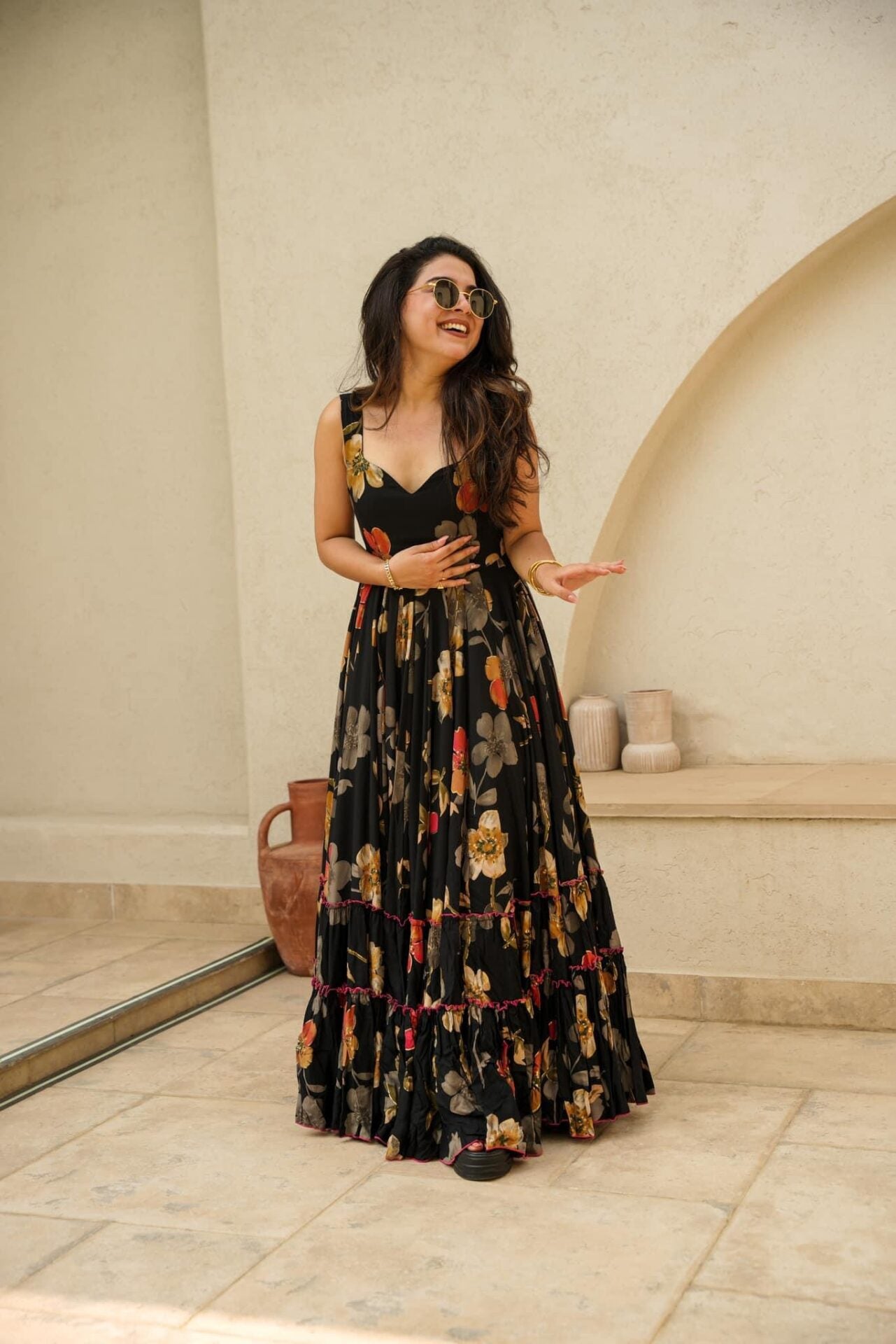 Buy Black floral Designer Rayon Fit Flare Maxi Gown Dress Online