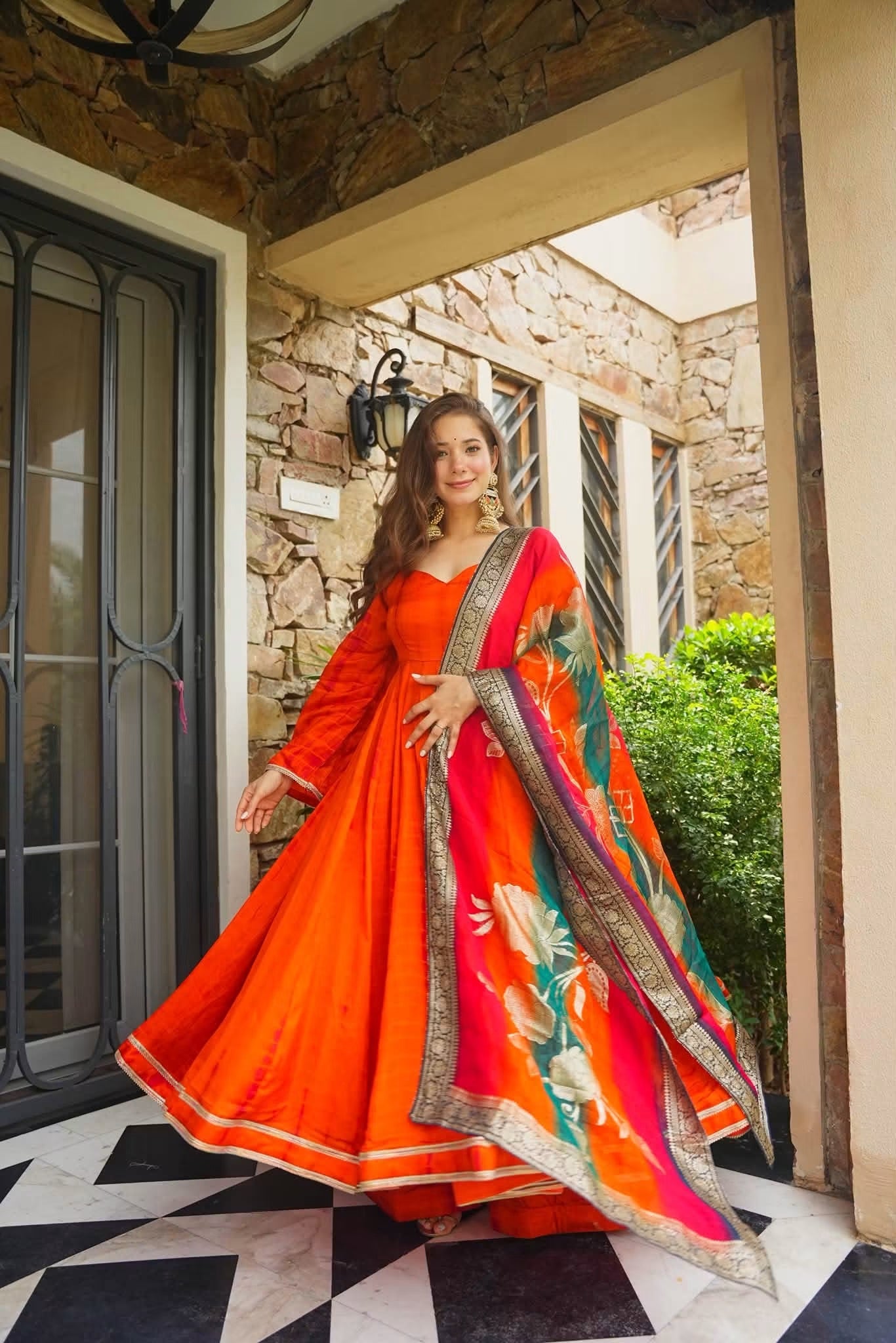 Saanjh Orange Heavy Anarkali Suit Set