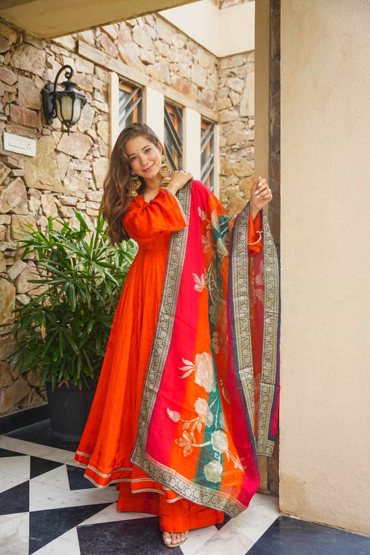 Saanjh Orange Heavy Anarkali Suit Set