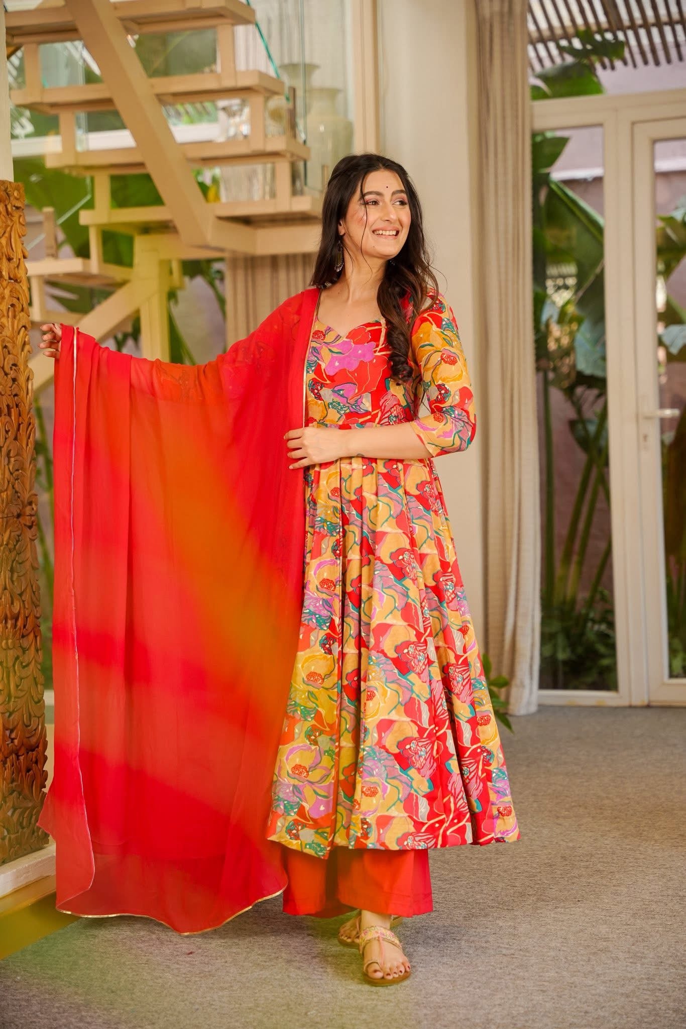 Aditi Red Floral Print Rayon Suit Set