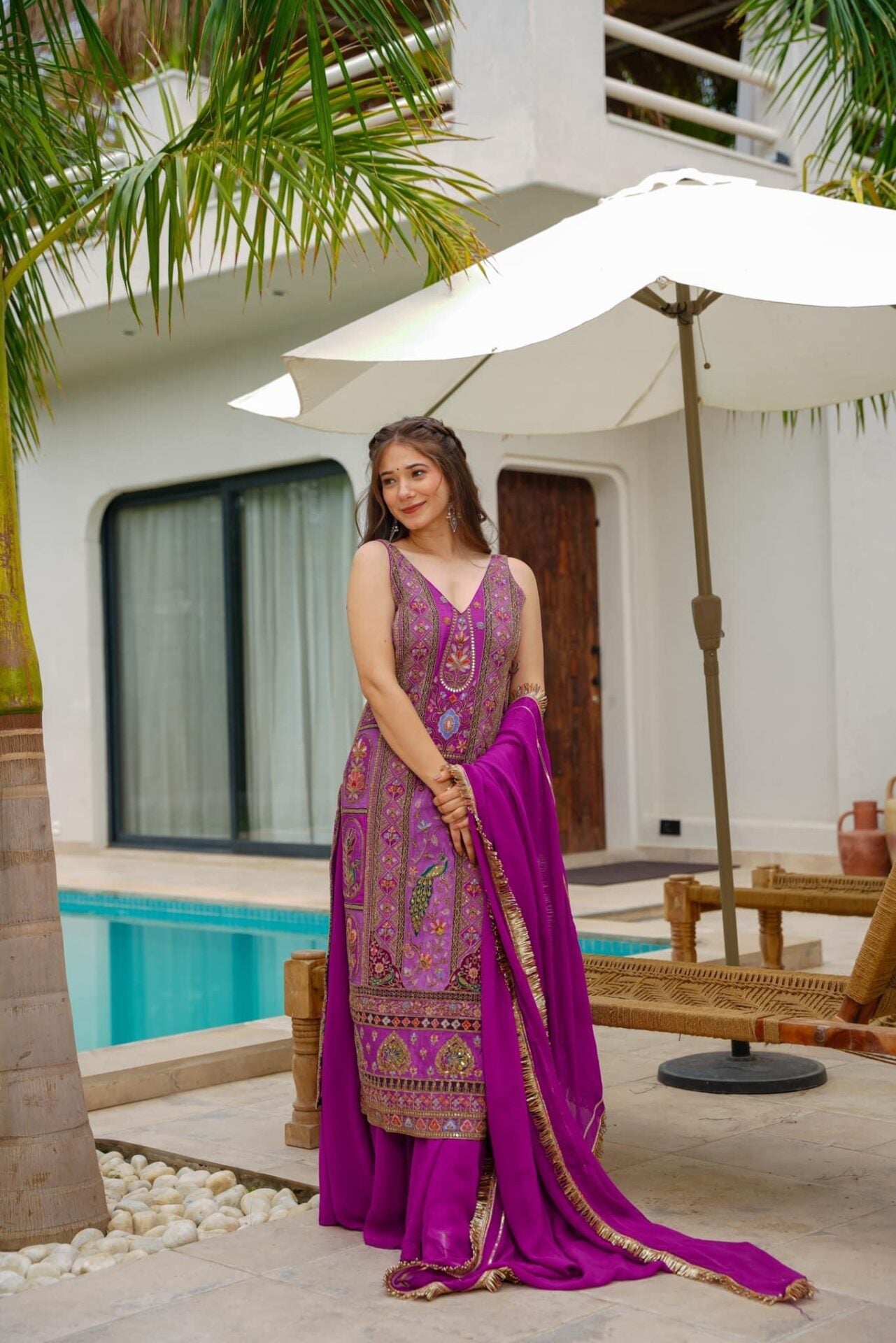 Isabella purple heavy embroidered suit