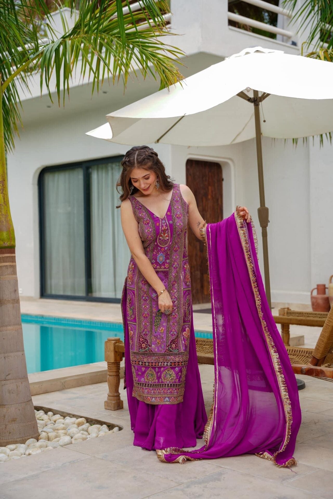 Isabella purple heavy embroidered suit