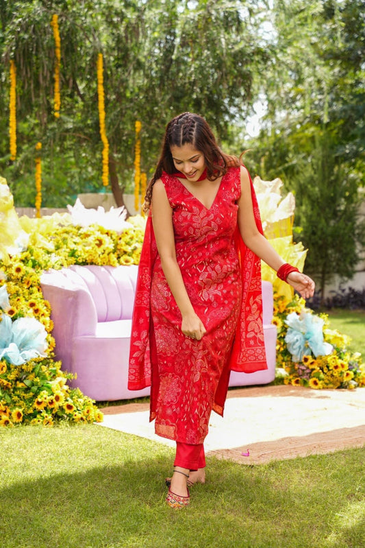 GULES RED STRAIGHT KURTA SET