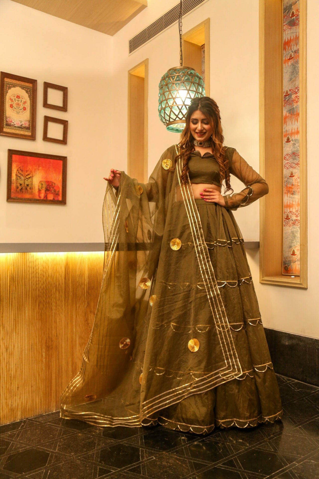 brown organza lehenga choli set