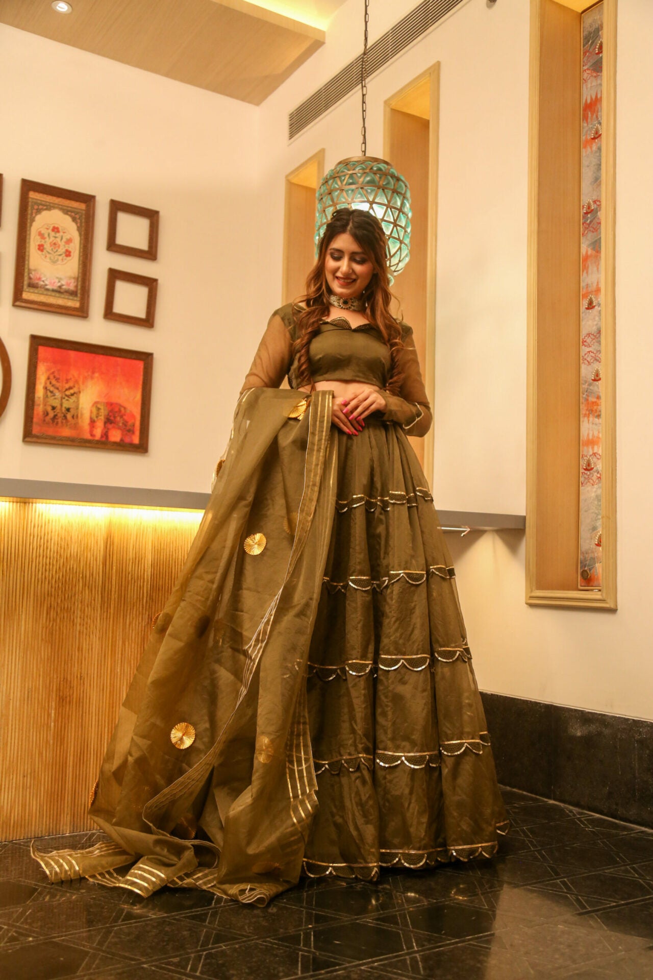 brown organza lehenga choli set