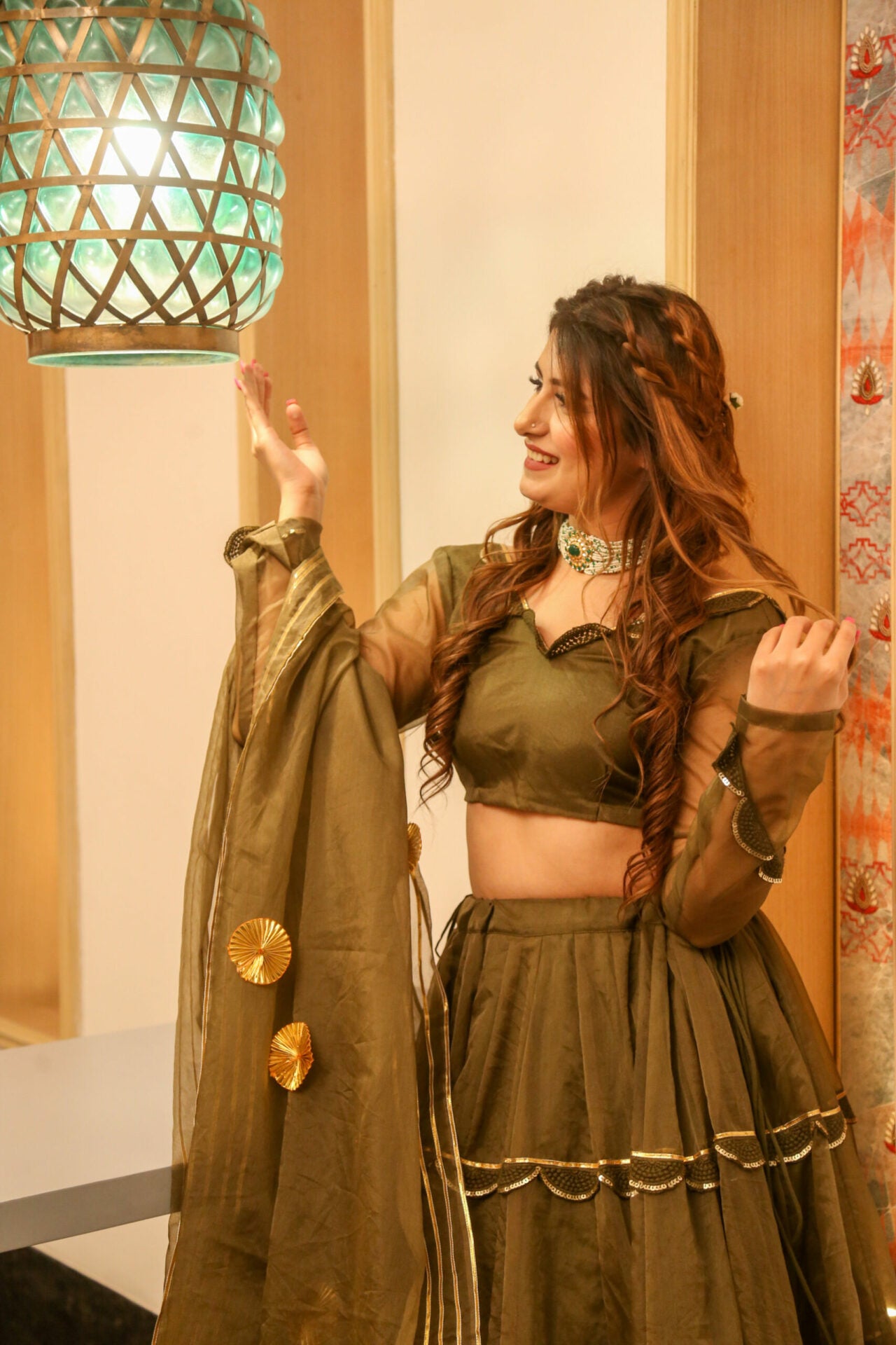 brown organza lehenga choli set