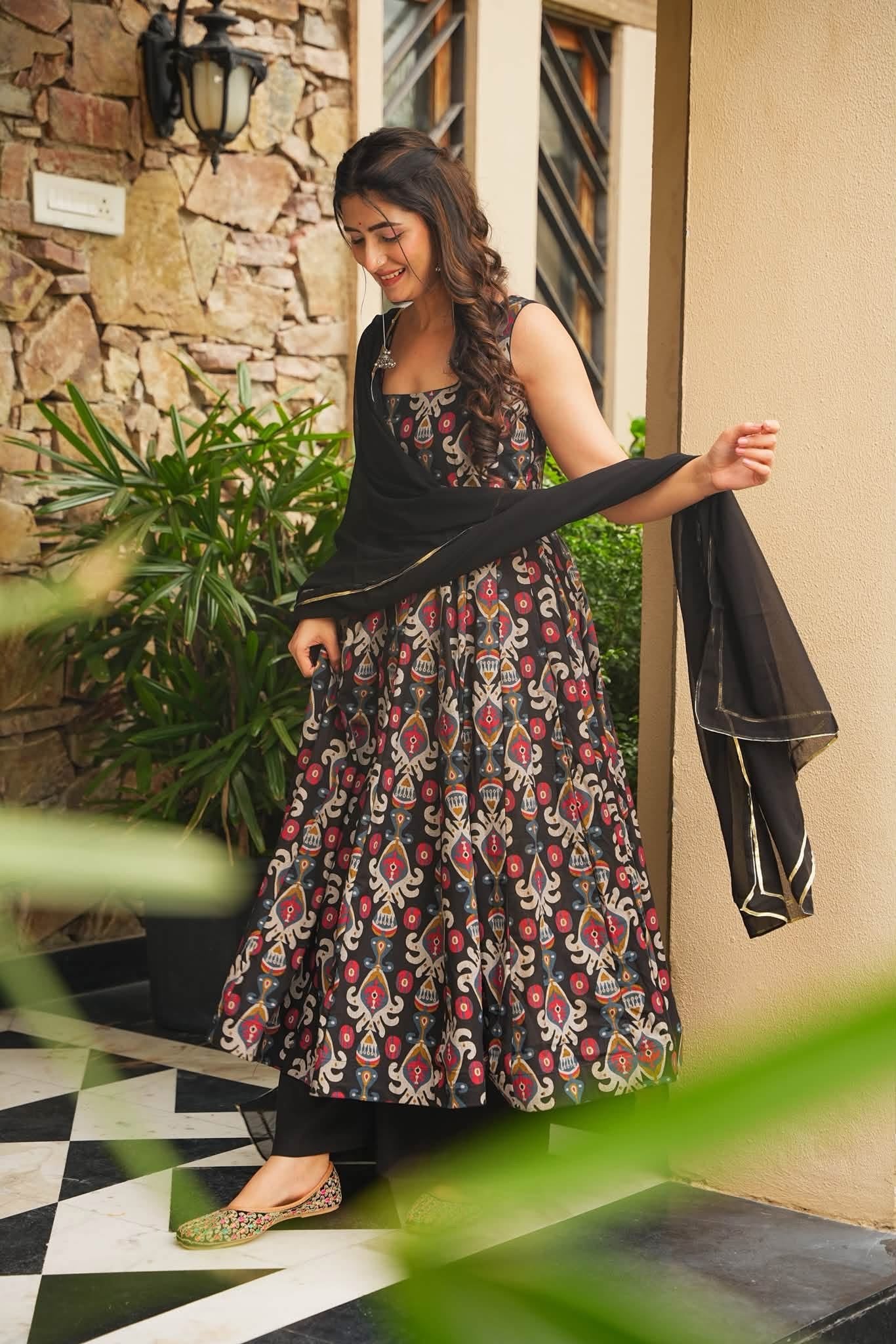 Nishitha Black Cotton Anarkali Suit Set