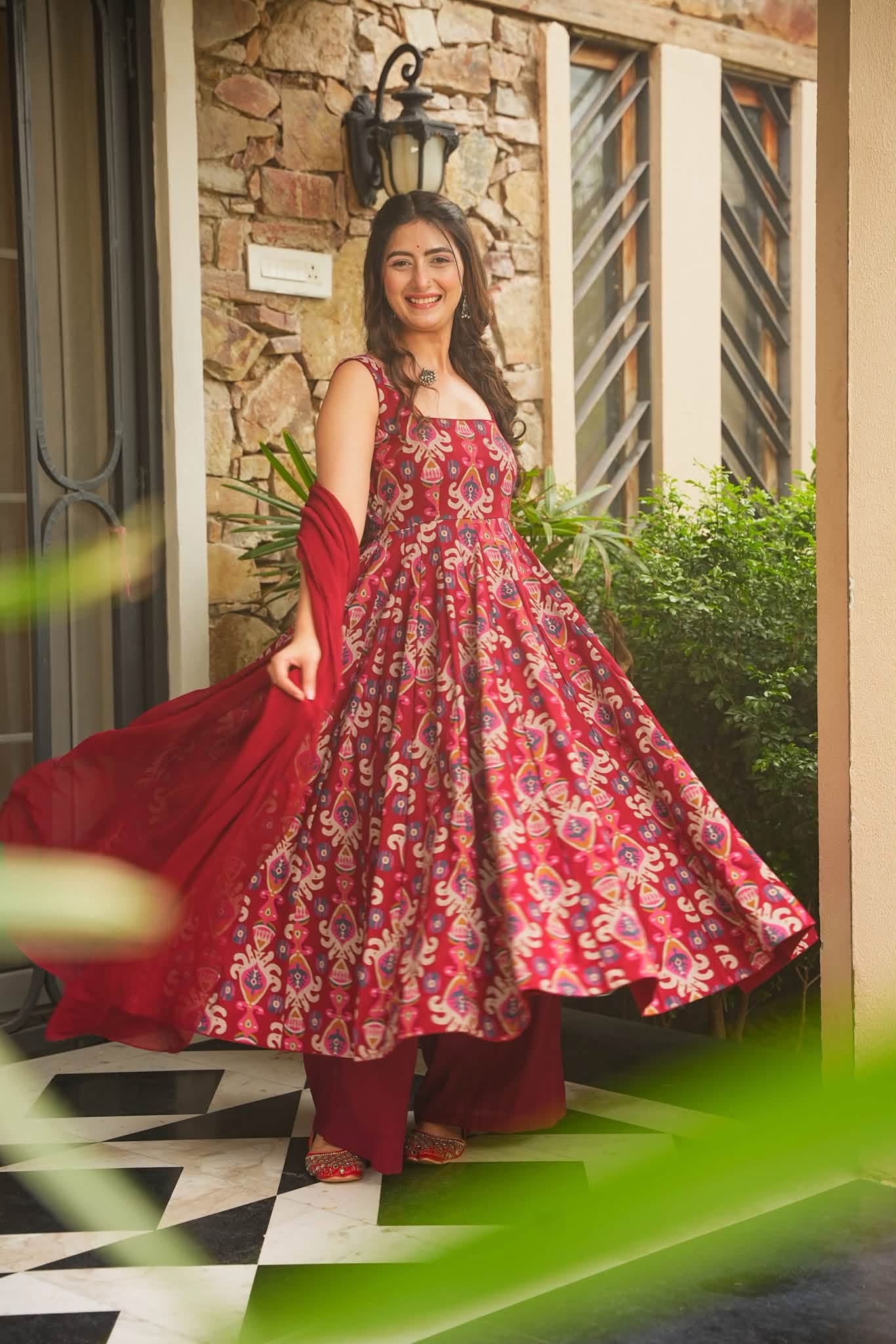 Ragini Roop Red Cotton Anarkali Suit Set