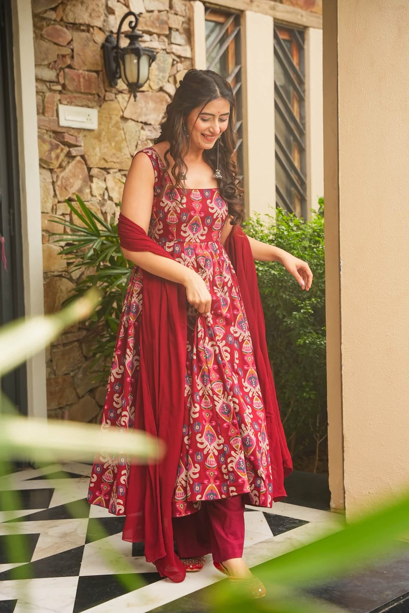 Ragini Roop Red Cotton Anarkali Suit Set