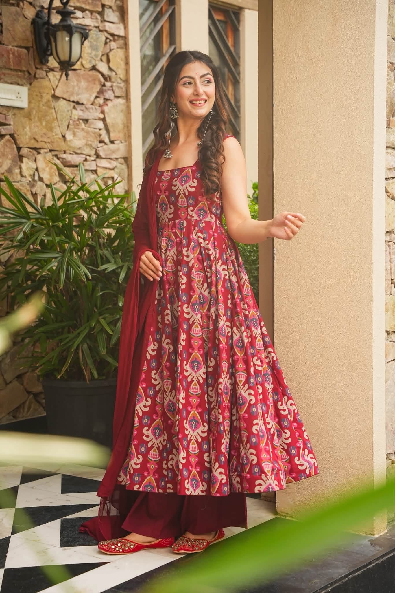 Ragini Roop Red Cotton Anarkali Suit Set