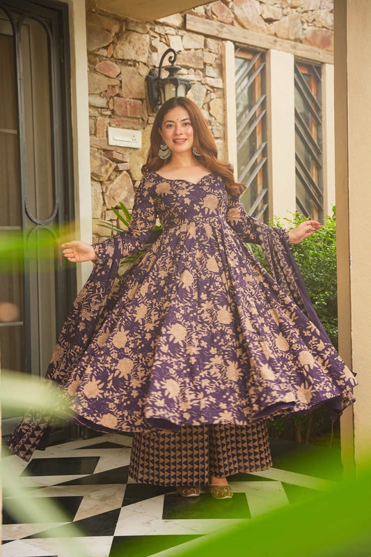Afsara Purple Cotton Anarkali Suit Set