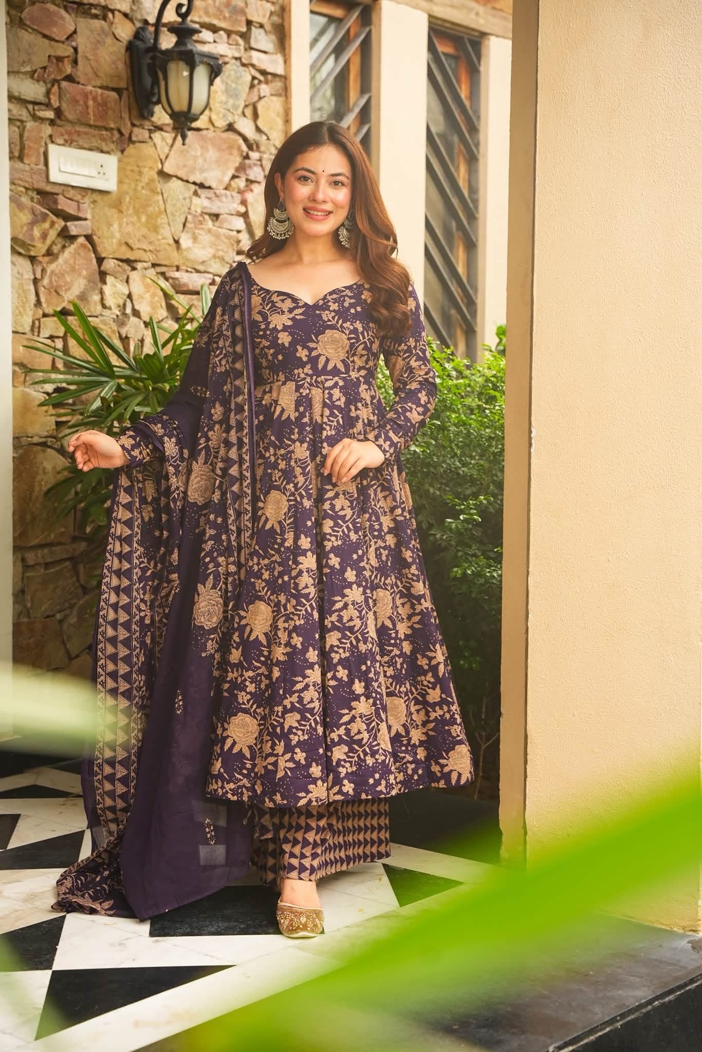 Afsara Purple Cotton Anarkali Suit Set