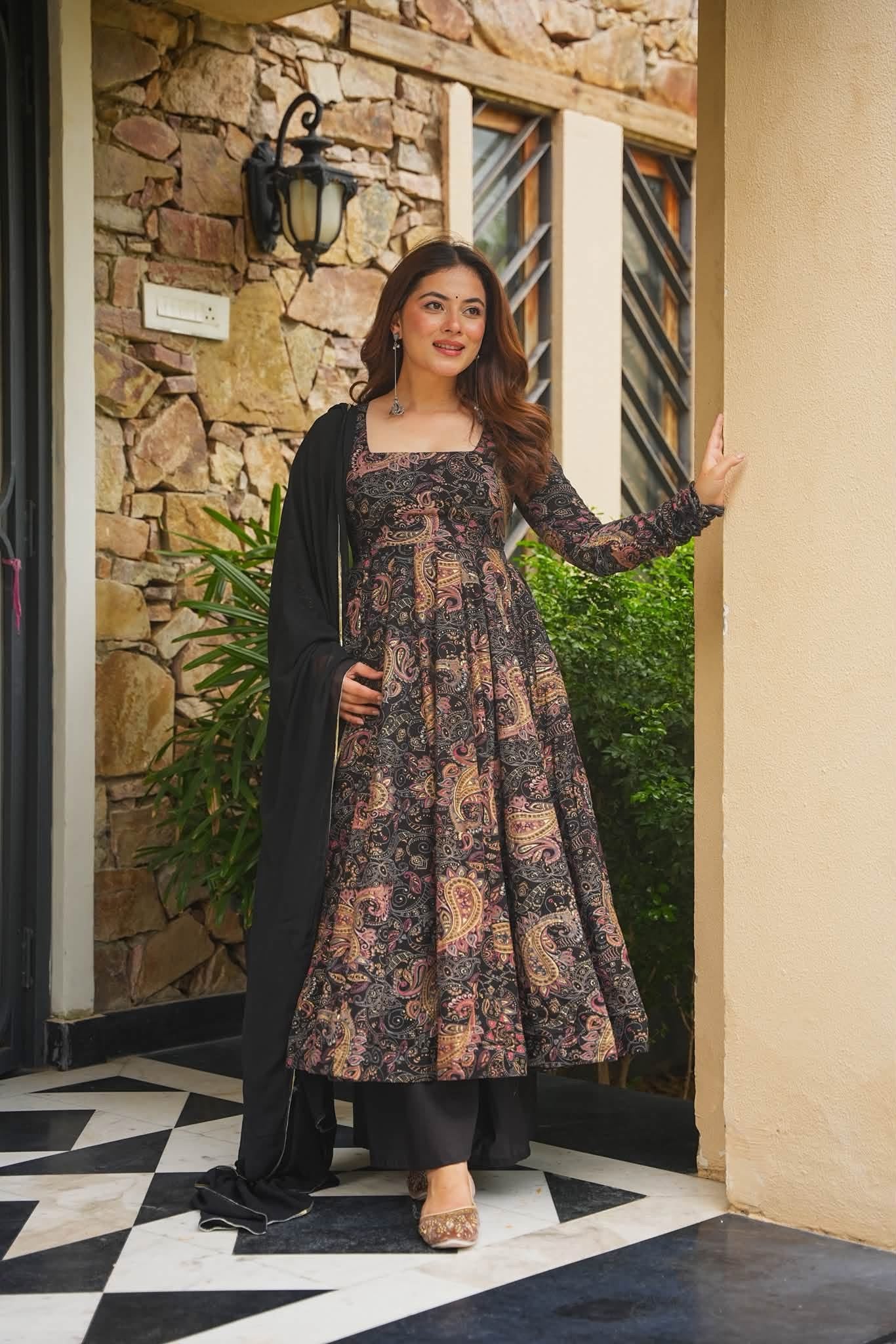 Koyal Black Rayon Anarkali Suit Set