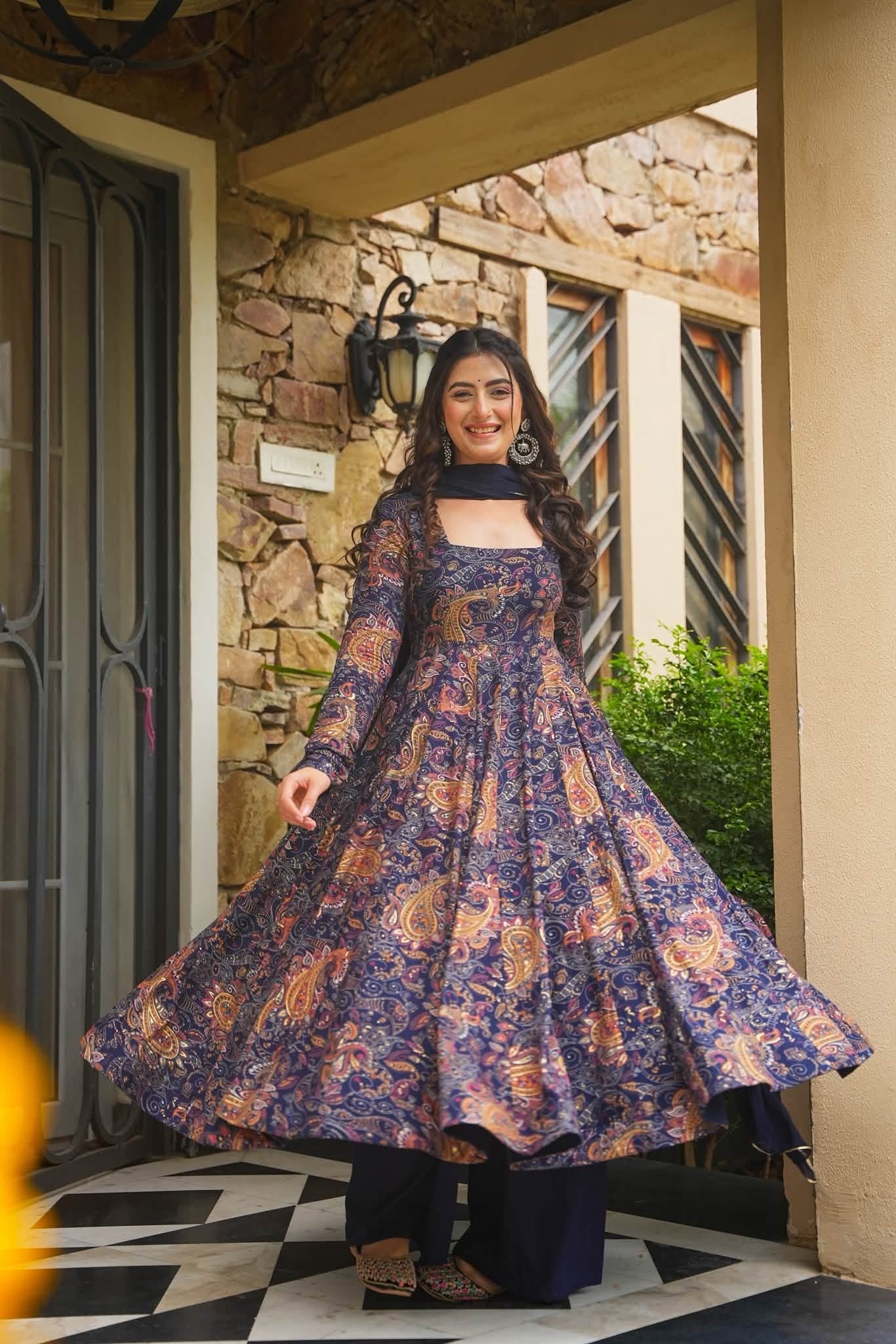 Neelika Blue Rayon Anarkali Suit Set