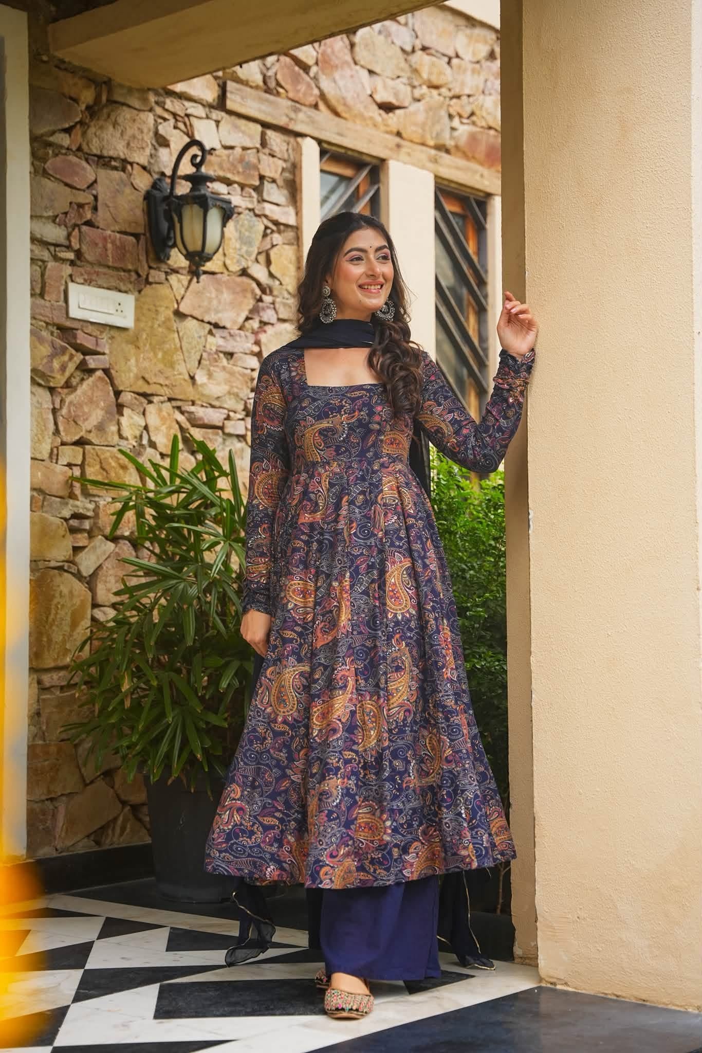 Neelika Blue Rayon Anarkali Suit Set