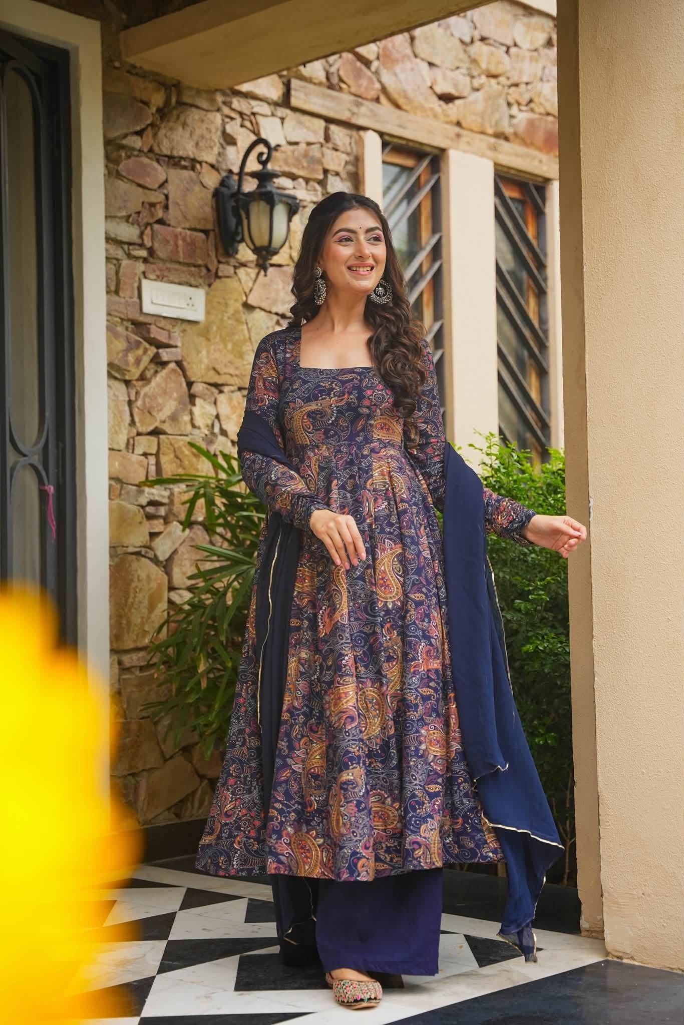 Neelika Blue Rayon Anarkali Suit Set
