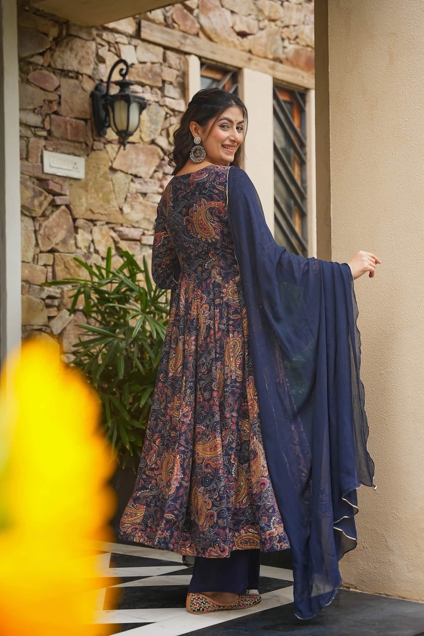 Neelika Blue Rayon Anarkali Suit Set