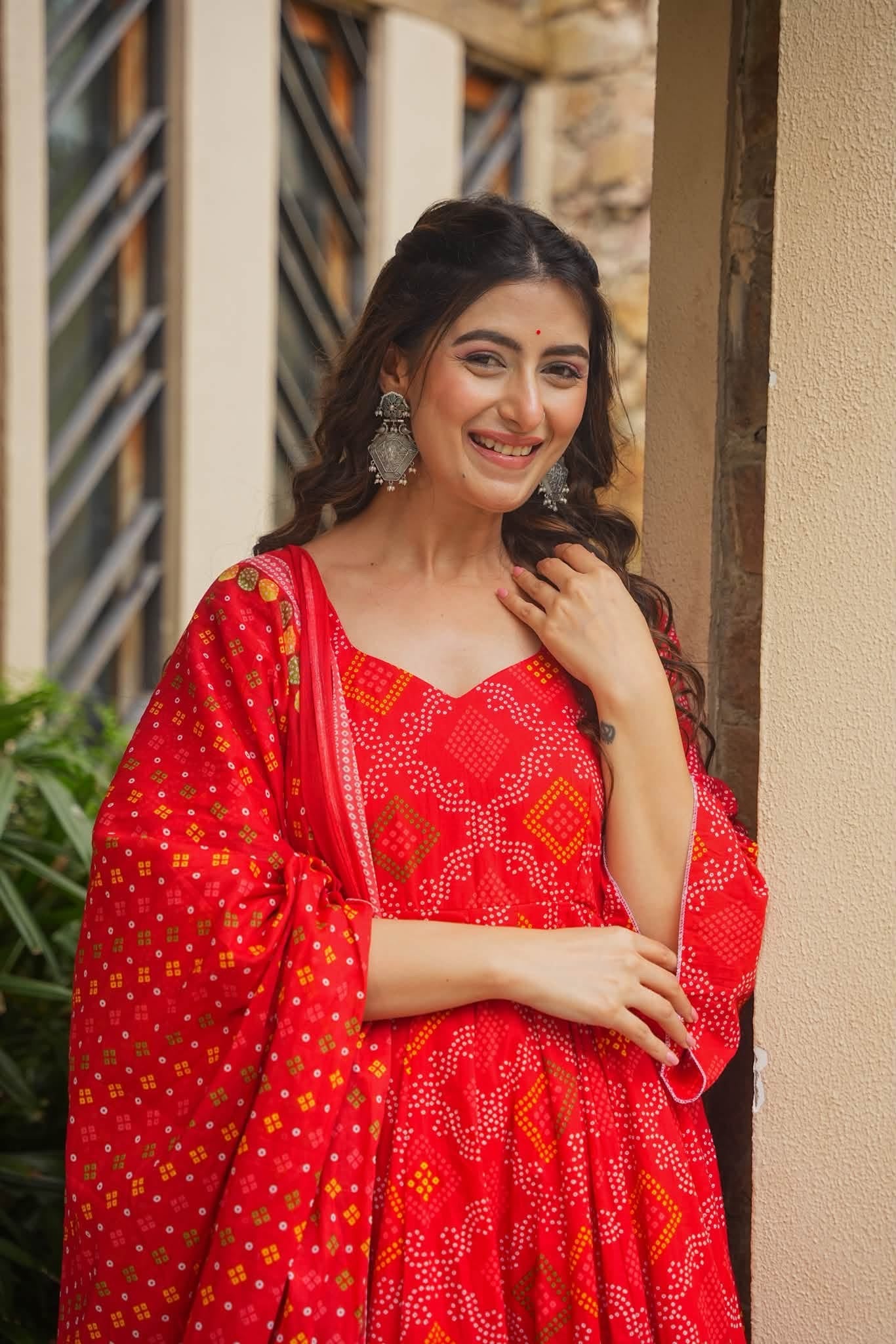 Meghira Red Bandhej Cotton Anarkali Set