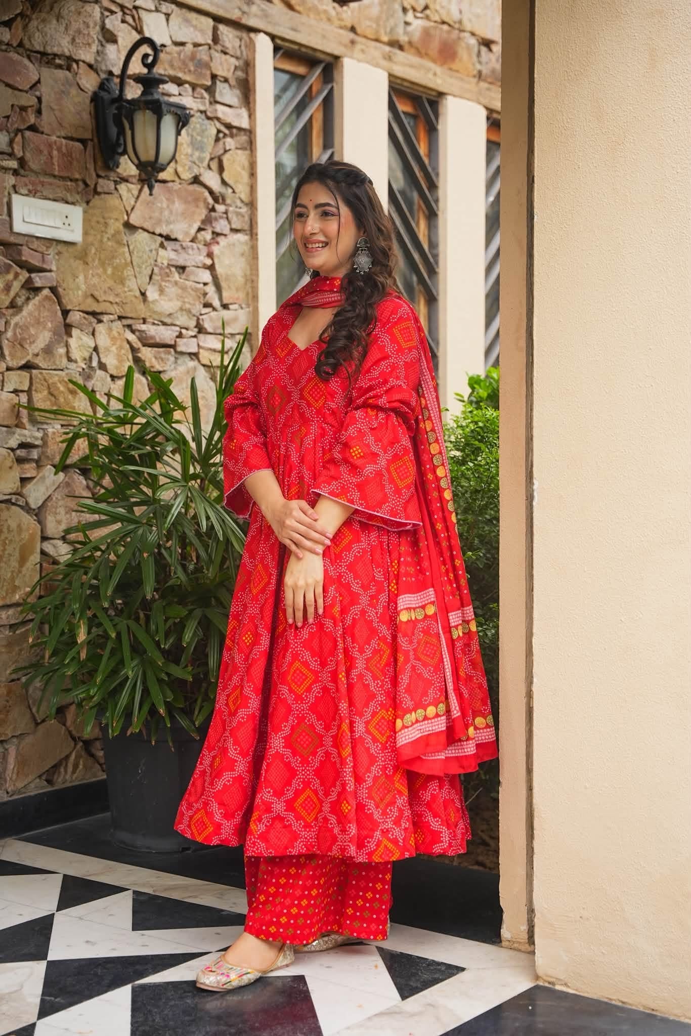 Meghira Red Bandhej Cotton Anarkali Set