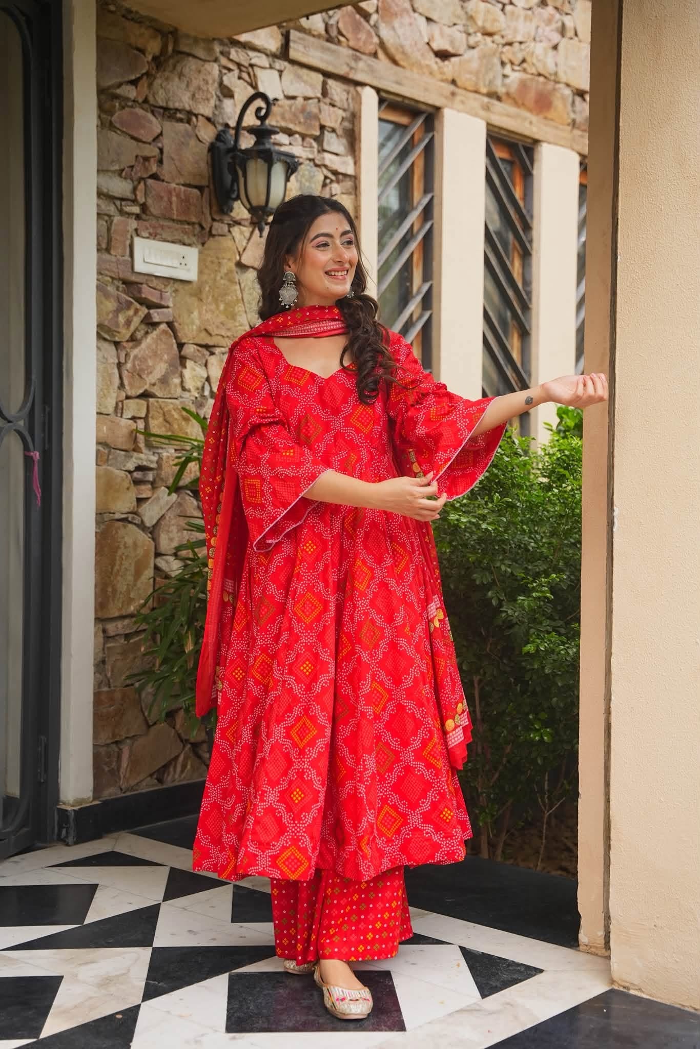 Meghira Red Bandhej Cotton Anarkali Set