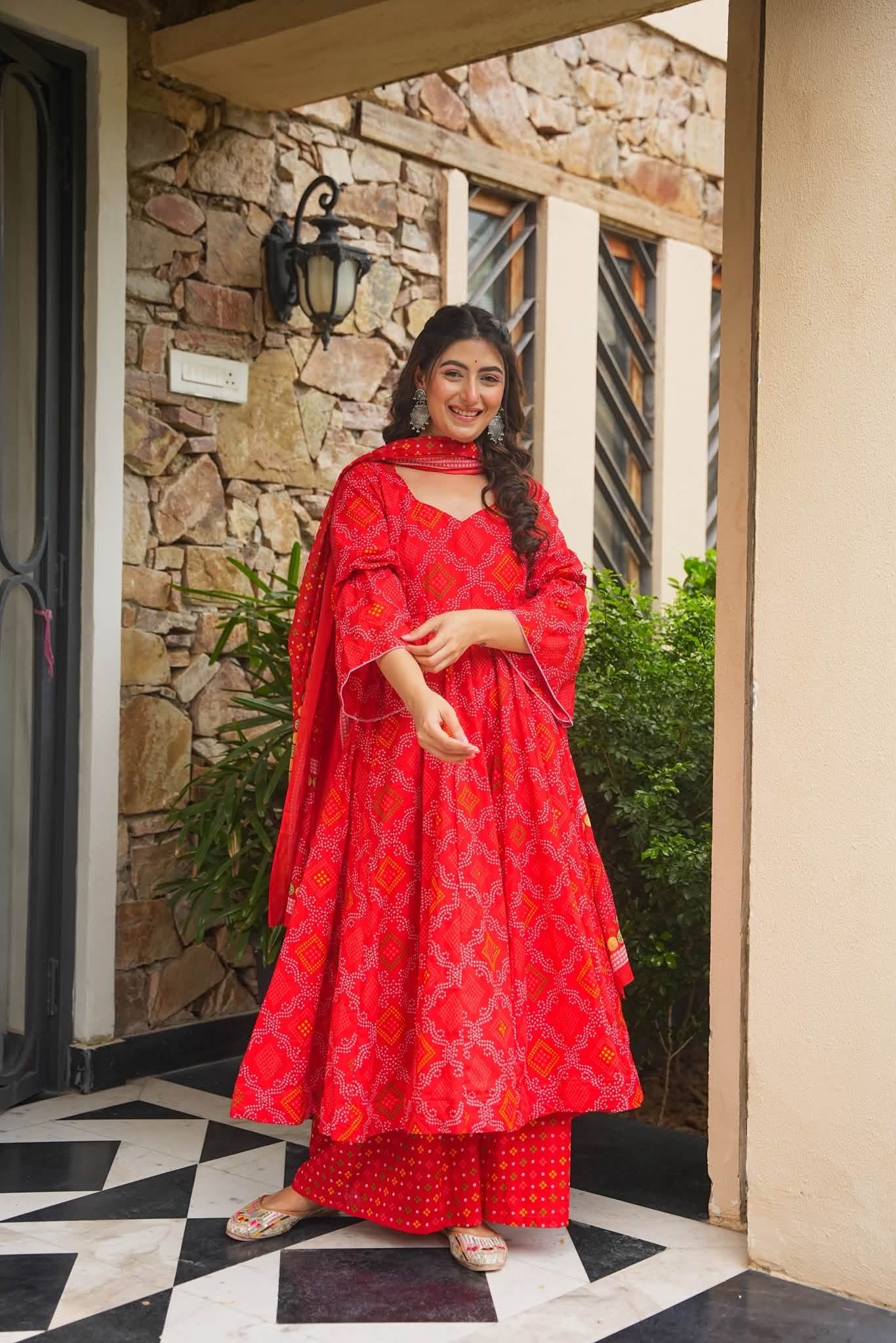 Meghira Red Bandhej Cotton Anarkali Set