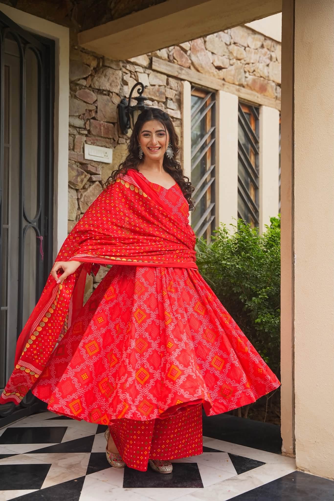 Meghira Red Bandhej Cotton Anarkali Set