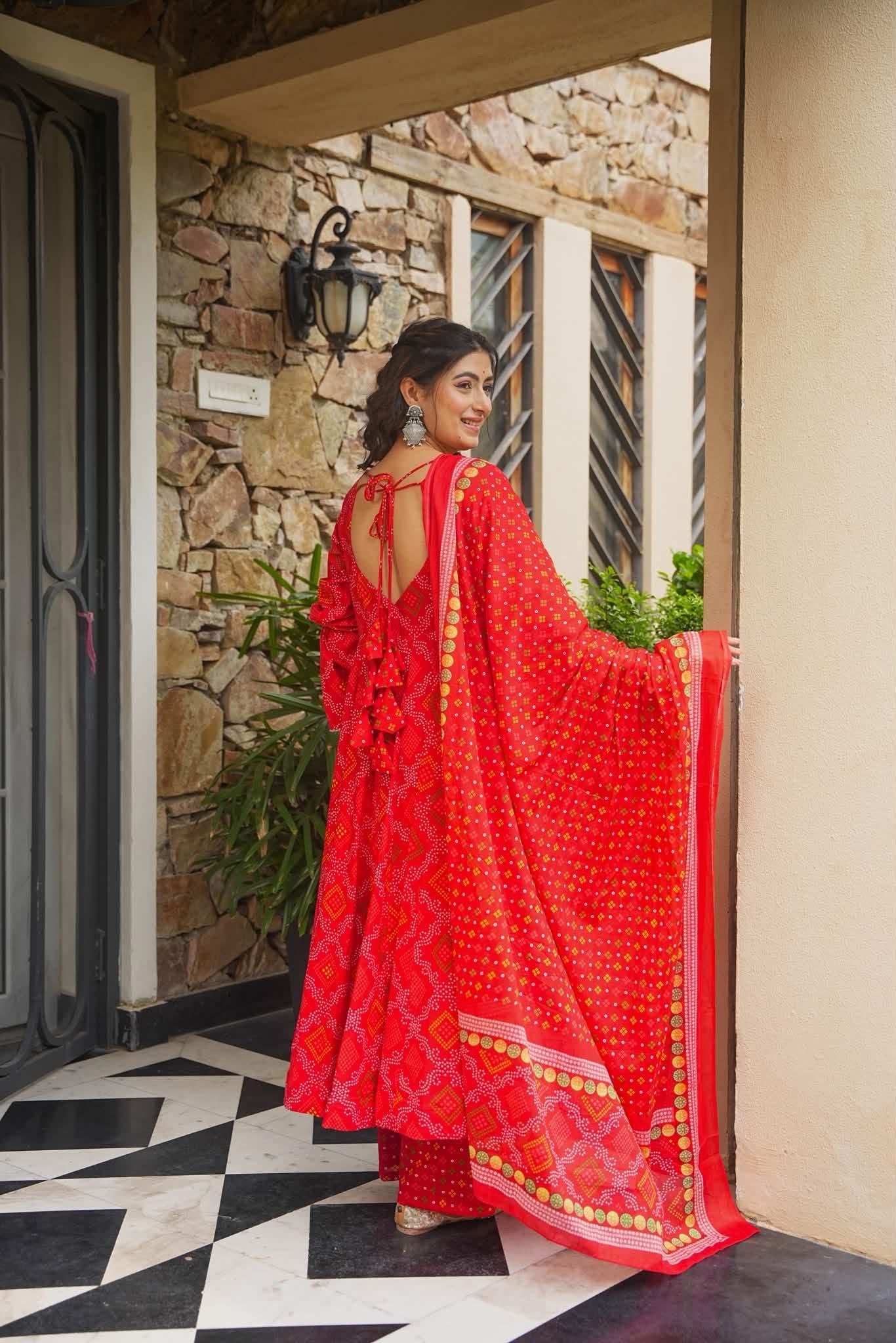 Meghira Red Bandhej Cotton Anarkali Set
