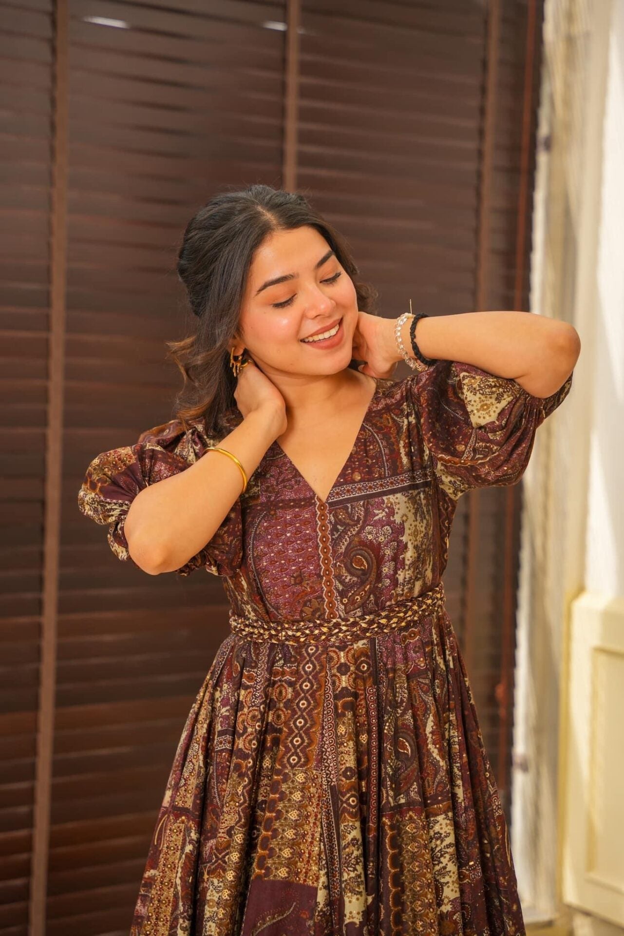 Buy Brown Print Puffed Sleeve Aries Designer Muslin Long dress Online in India | Idaho Clothing Buy Brown Print Puffed Sleeve Aries Designer Muslin Long dress Online in India | Idaho Clothing