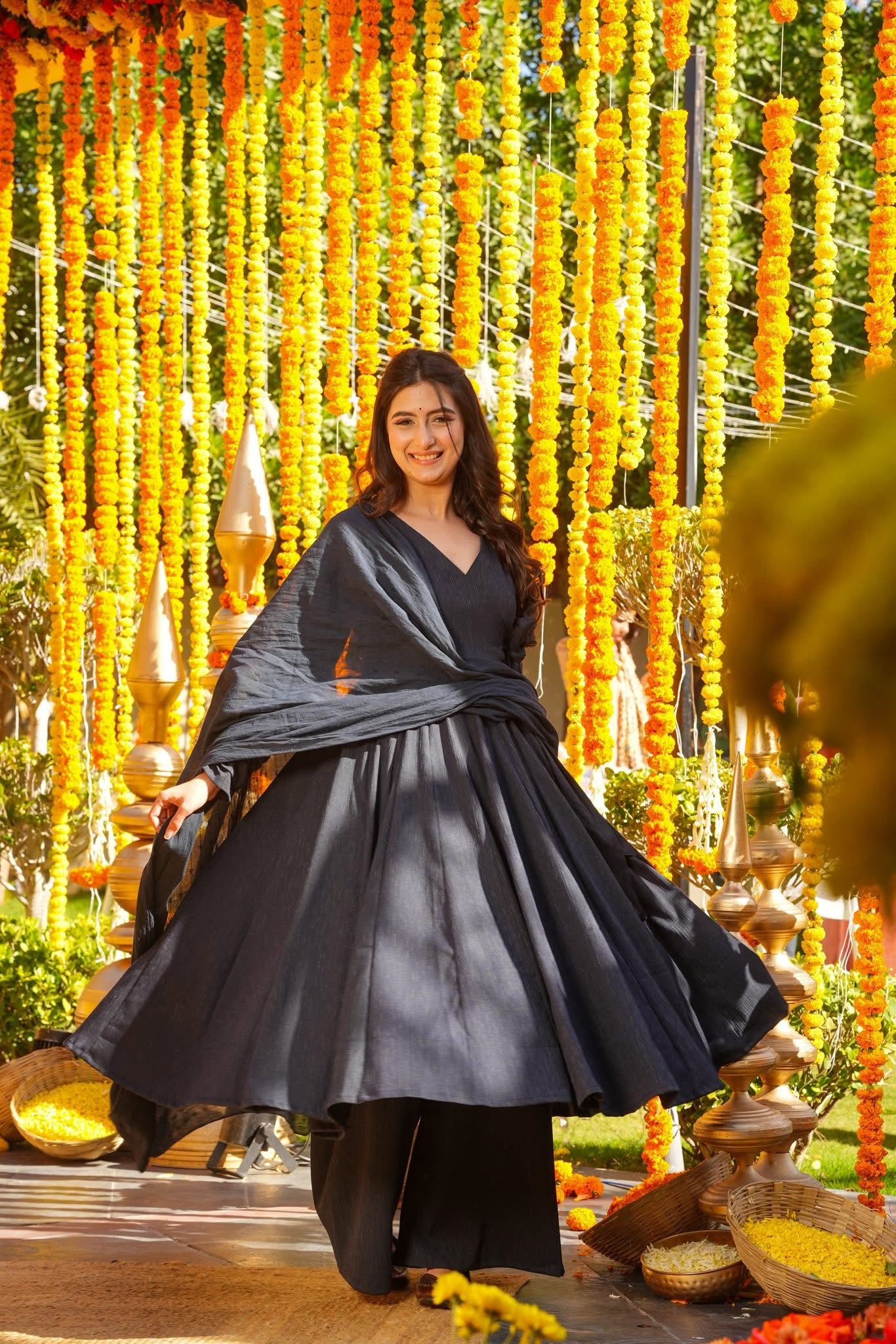 Nightwell Black Cotton Anarkali Suit Set