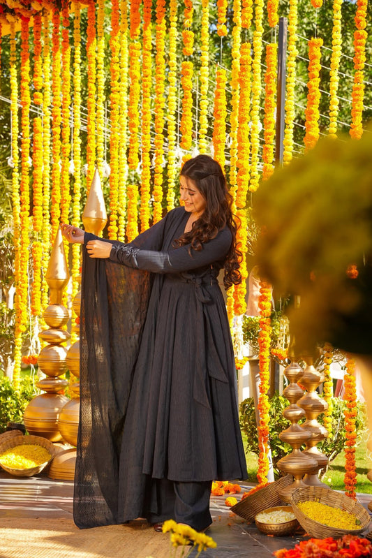 Nightwell Black Cotton Anarkali Suit Set