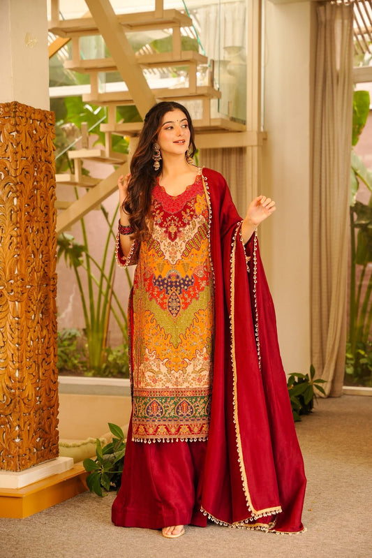 Rajvanshi Red Heavy Embroidered Kurta Set