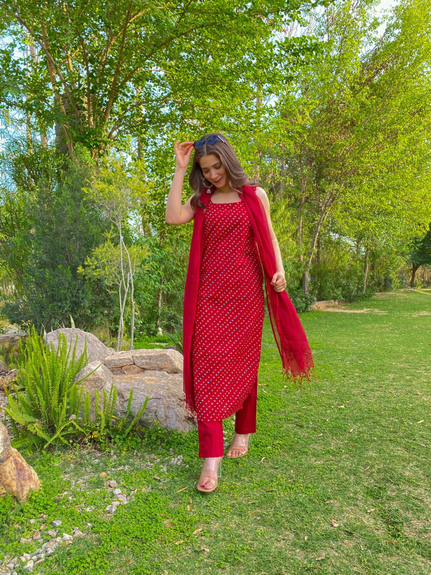Red Bandhani Anarkali Suit set - Dress me Royal