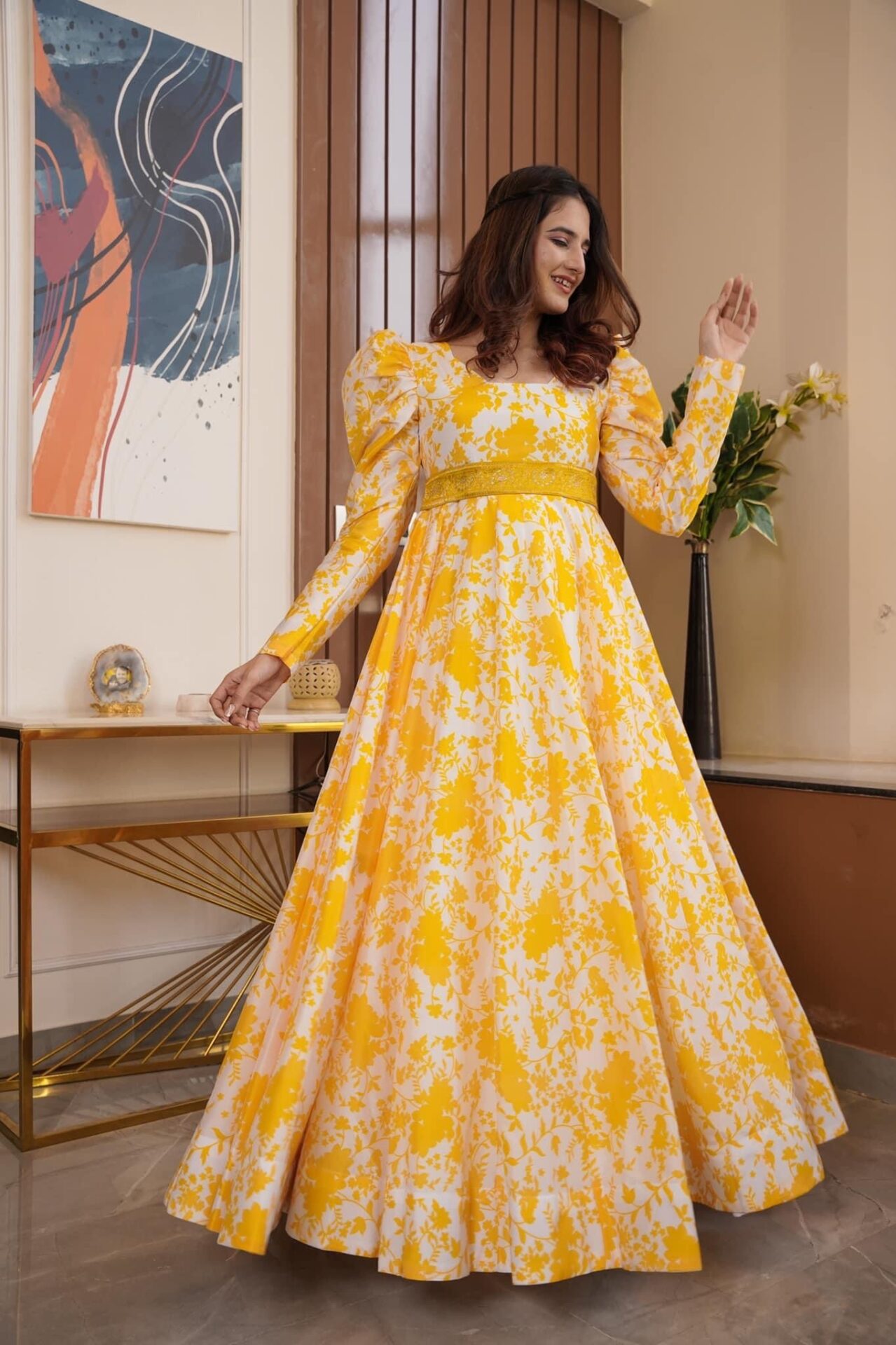 plusS Women Bright Yellow Floral Sweetheart Neck Dress – pluss.in