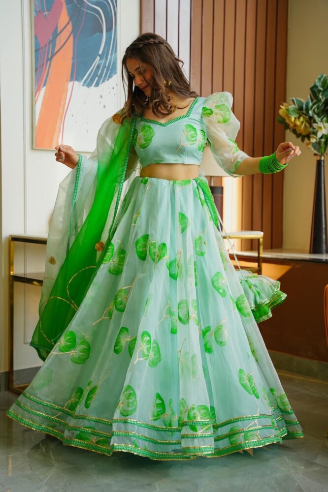 green floral handpainted lehenga choli set - Buy Designer Ethnic Wear ...